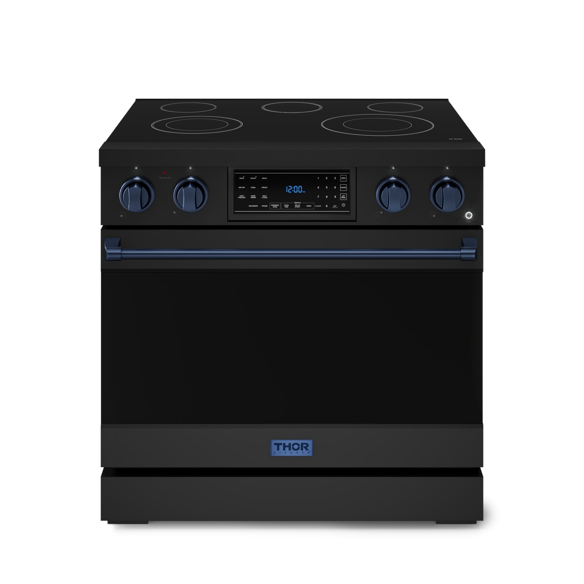 Estufa eléctrica independiente Thor Kitchen Gordon Ramsay de 36 pulgadas con 5 quemadores en la parte superior de vidrio, horno de convección con aire frito de 6 pies cúbicos (negro mate) RSE36B-BLU