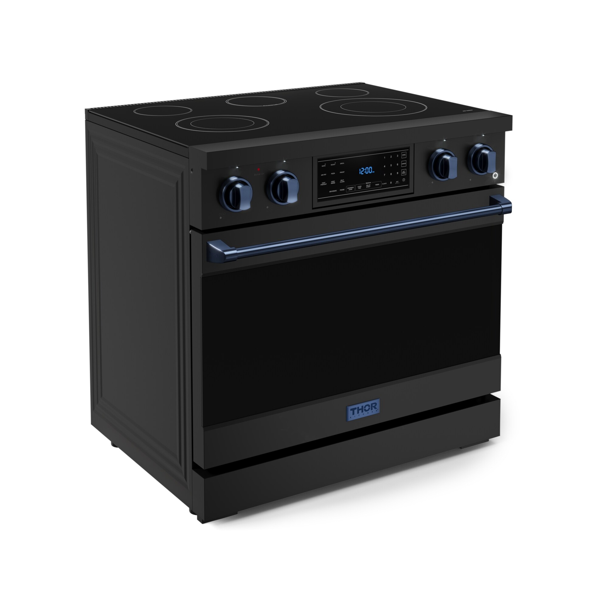 Estufa eléctrica independiente Thor Kitchen Gordon Ramsay de 36 pulgadas con 5 quemadores en la parte superior de vidrio, horno de convección con aire frito de 6 pies cúbicos (negro mate) RSE36B-BLU