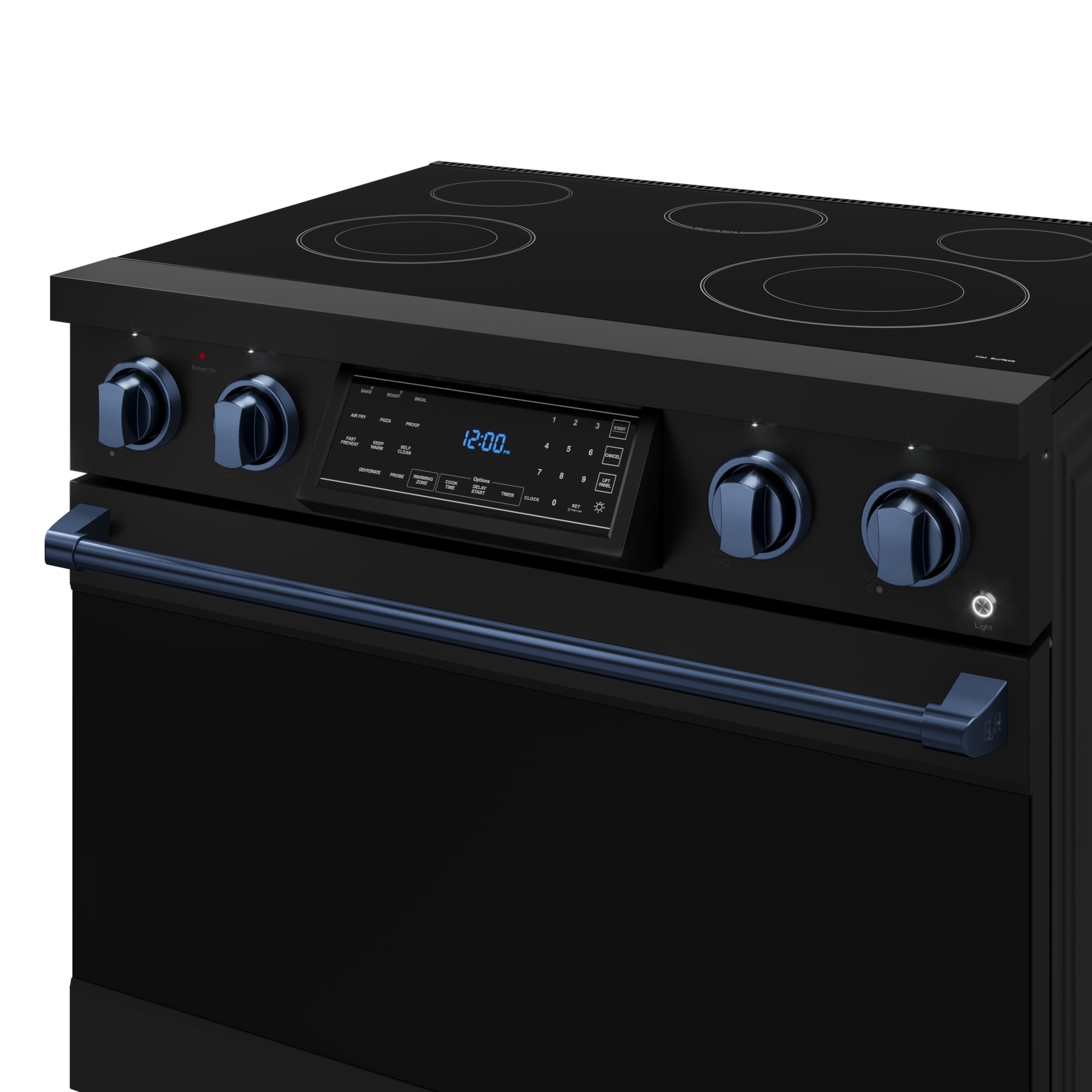 Estufa eléctrica independiente Thor Kitchen Gordon Ramsay de 36 pulgadas con 5 quemadores en la parte superior de vidrio, horno de convección con aire frito de 6 pies cúbicos (negro mate) RSE36B-BLU