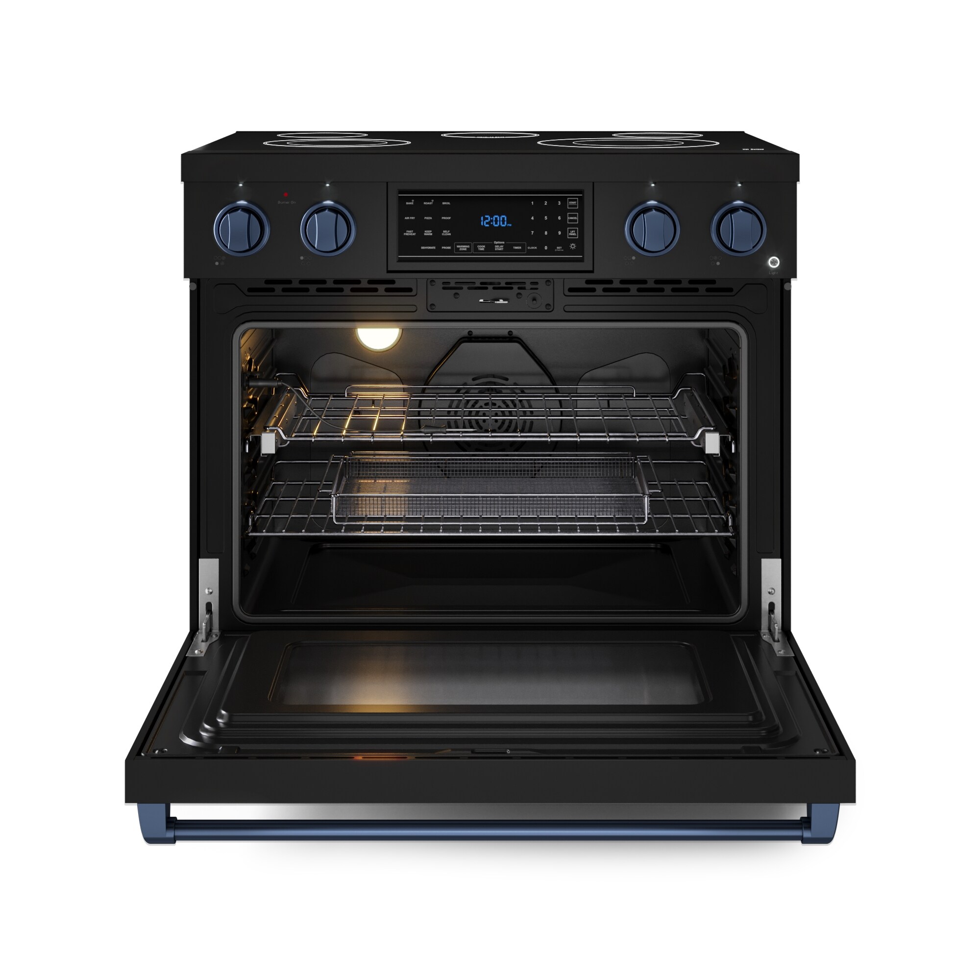 Estufa eléctrica independiente Thor Kitchen Gordon Ramsay de 36 pulgadas con 5 quemadores en la parte superior de vidrio, horno de convección con aire frito de 6 pies cúbicos (negro mate) RSE36B-BLU