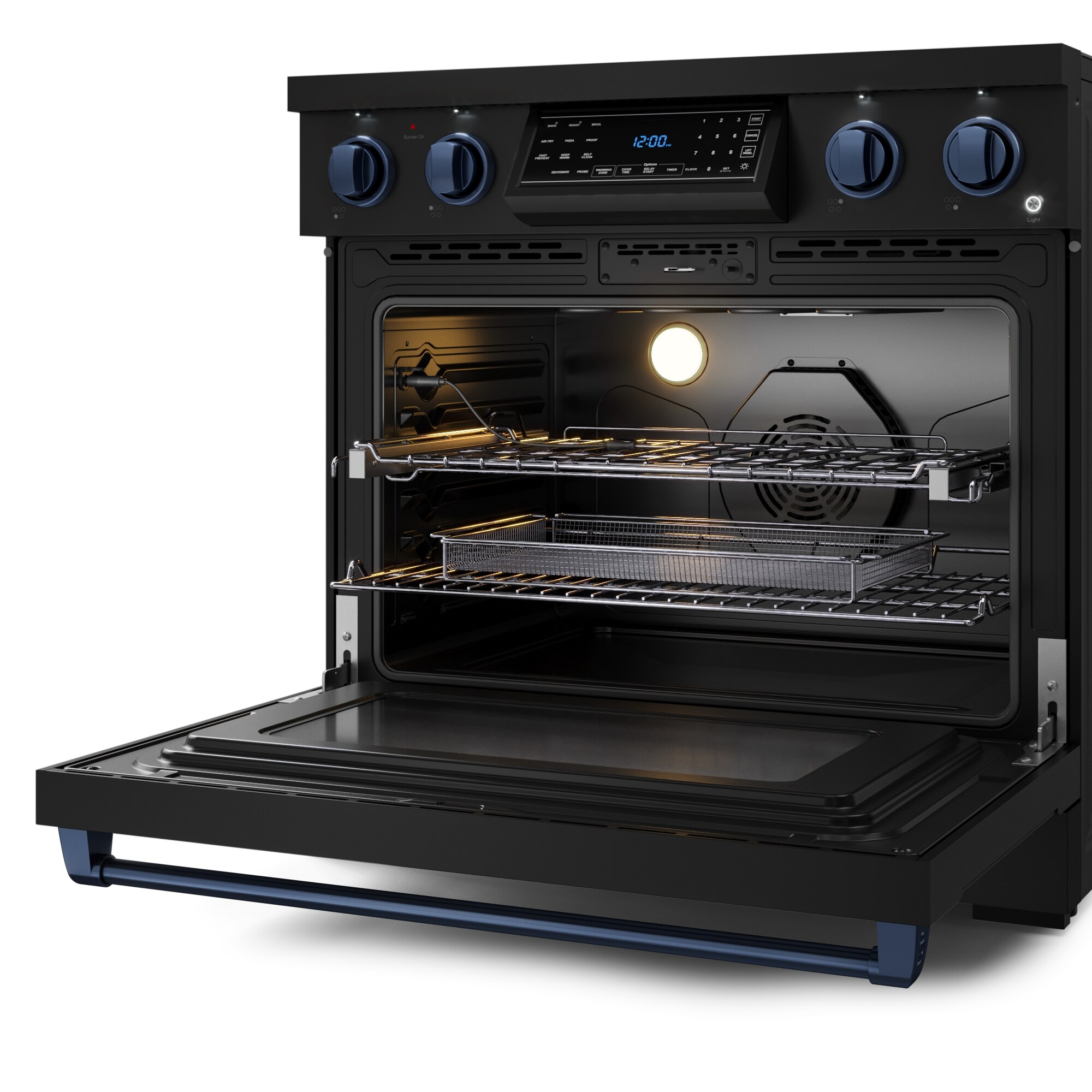 Estufa eléctrica independiente Thor Kitchen Gordon Ramsay de 36 pulgadas con 5 quemadores en la parte superior de vidrio, horno de convección con aire frito de 6 pies cúbicos (negro mate) RSE36B-BLU