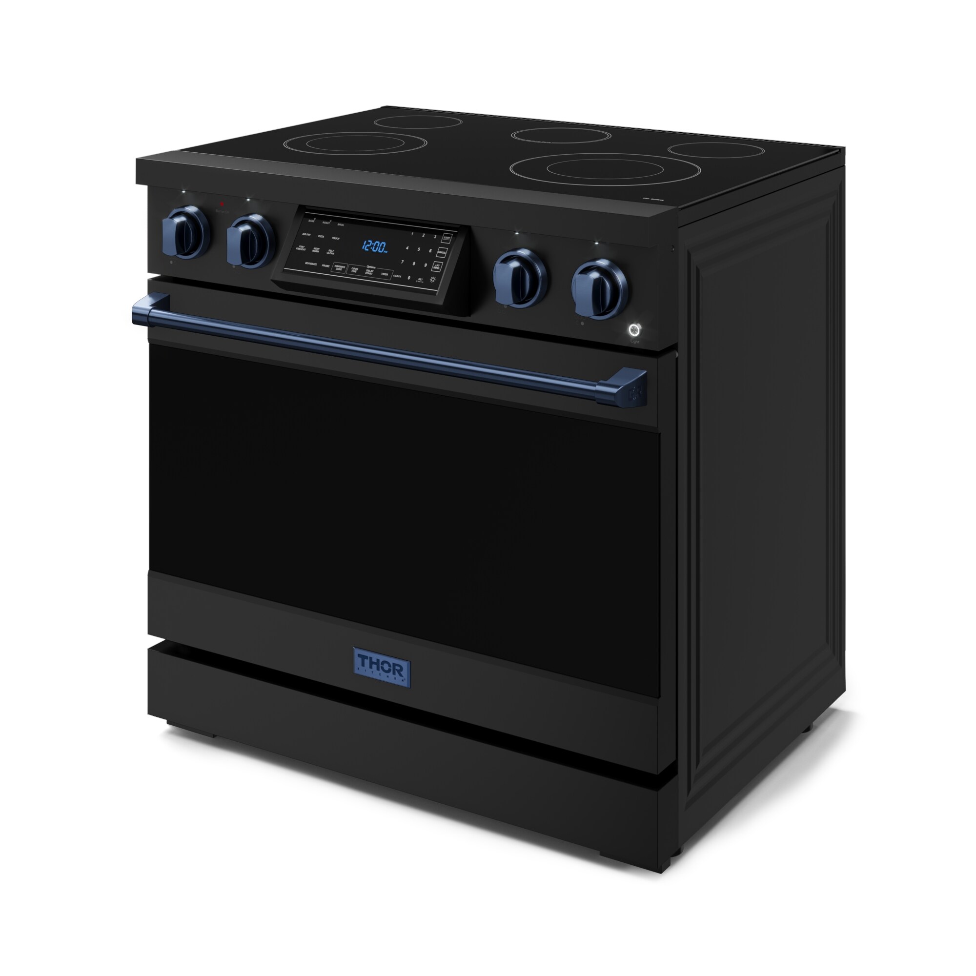Estufa eléctrica independiente Thor Kitchen Gordon Ramsay de 36 pulgadas con 5 quemadores en la parte superior de vidrio, horno de convección con aire frito de 6 pies cúbicos (negro mate) RSE36B-BLU