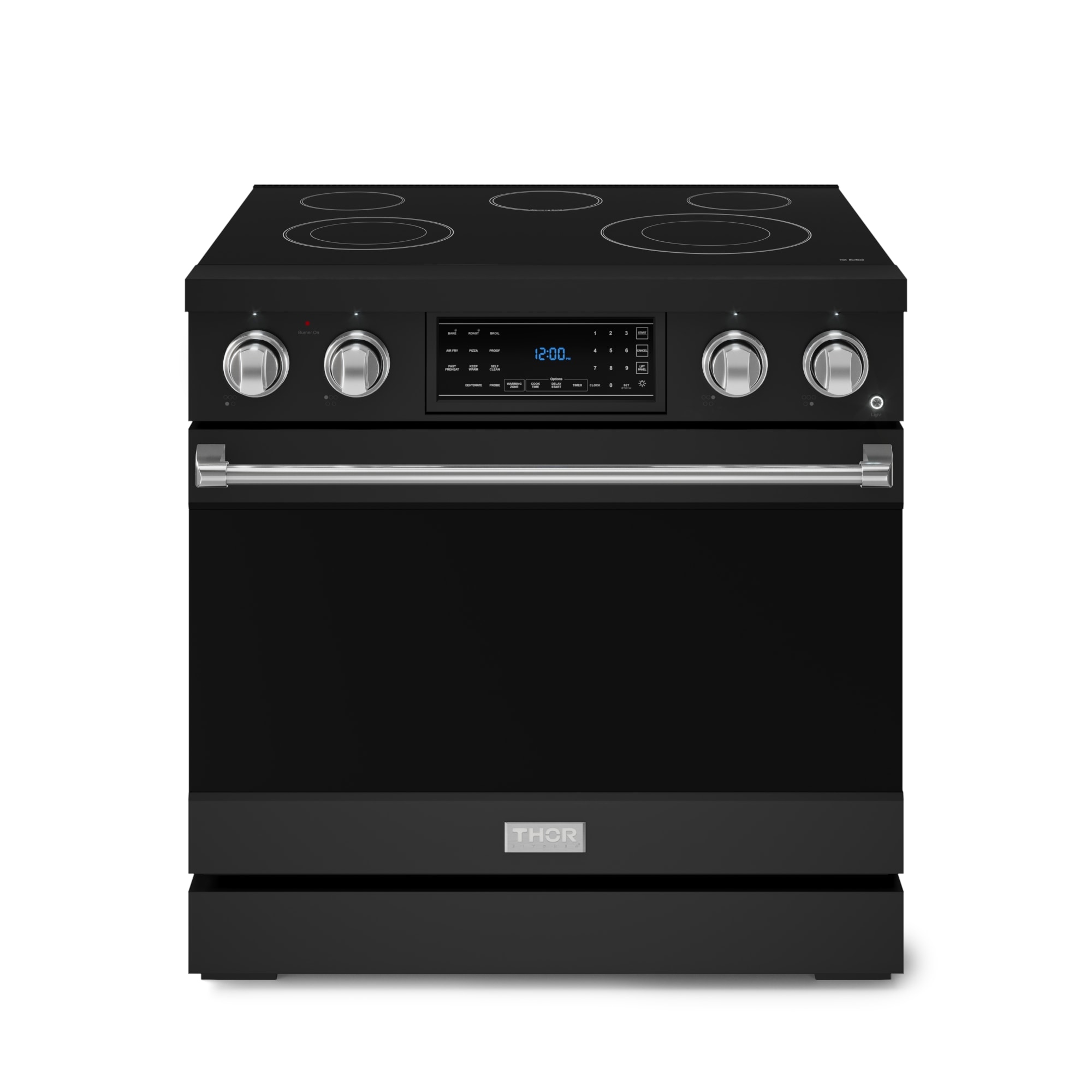 Estufa eléctrica independiente Thor Kitchen Gordon Ramsay 36 pulgadas con 5 quemadores de vidrio y horno de convección de aire para freír de 6 pies cúbicos (Negro mate) RSE36B-SS