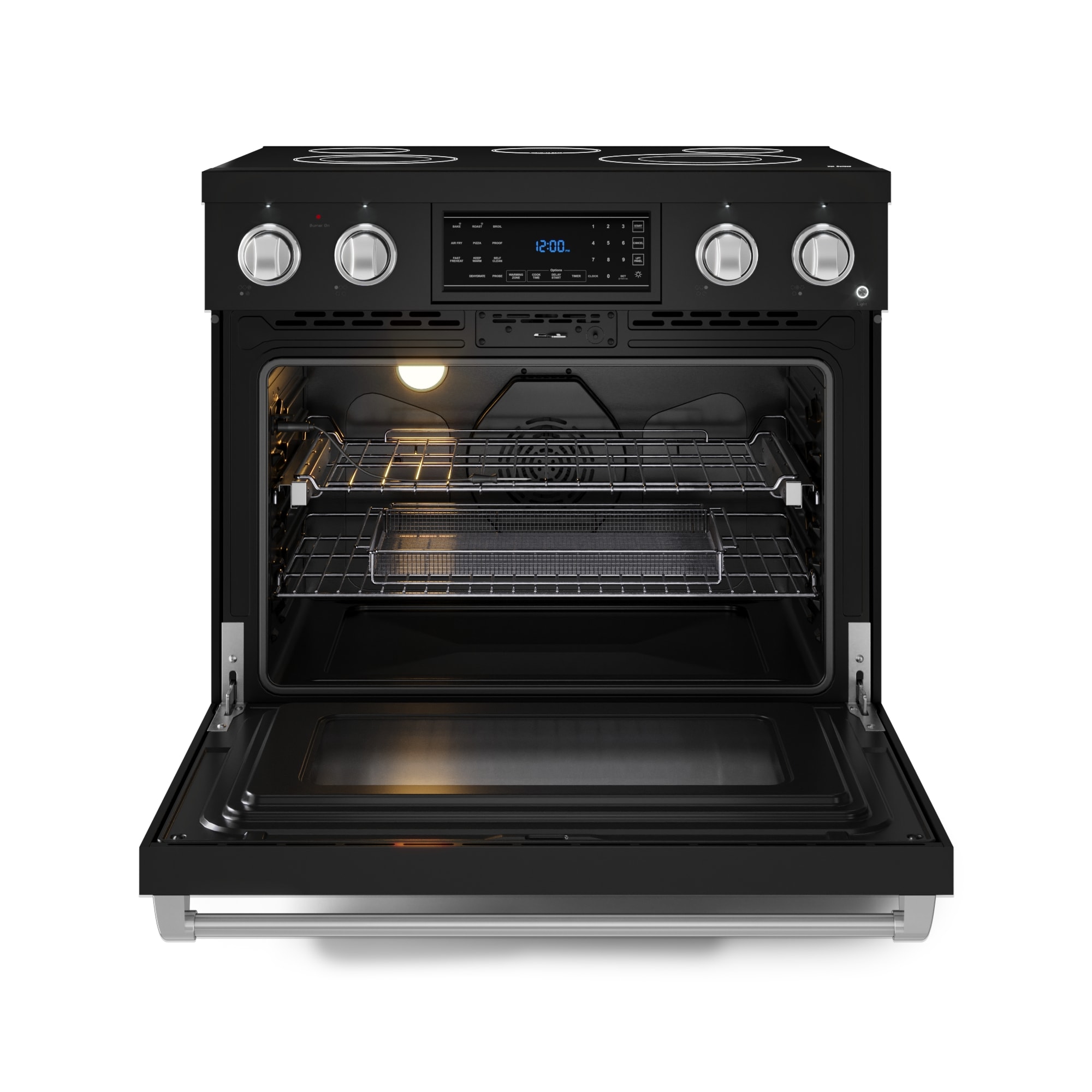 Estufa eléctrica independiente Thor Kitchen Gordon Ramsay 36 pulgadas con 5 quemadores de vidrio y horno de convección de aire para freír de 6 pies cúbicos (Negro mate) RSE36B-SS