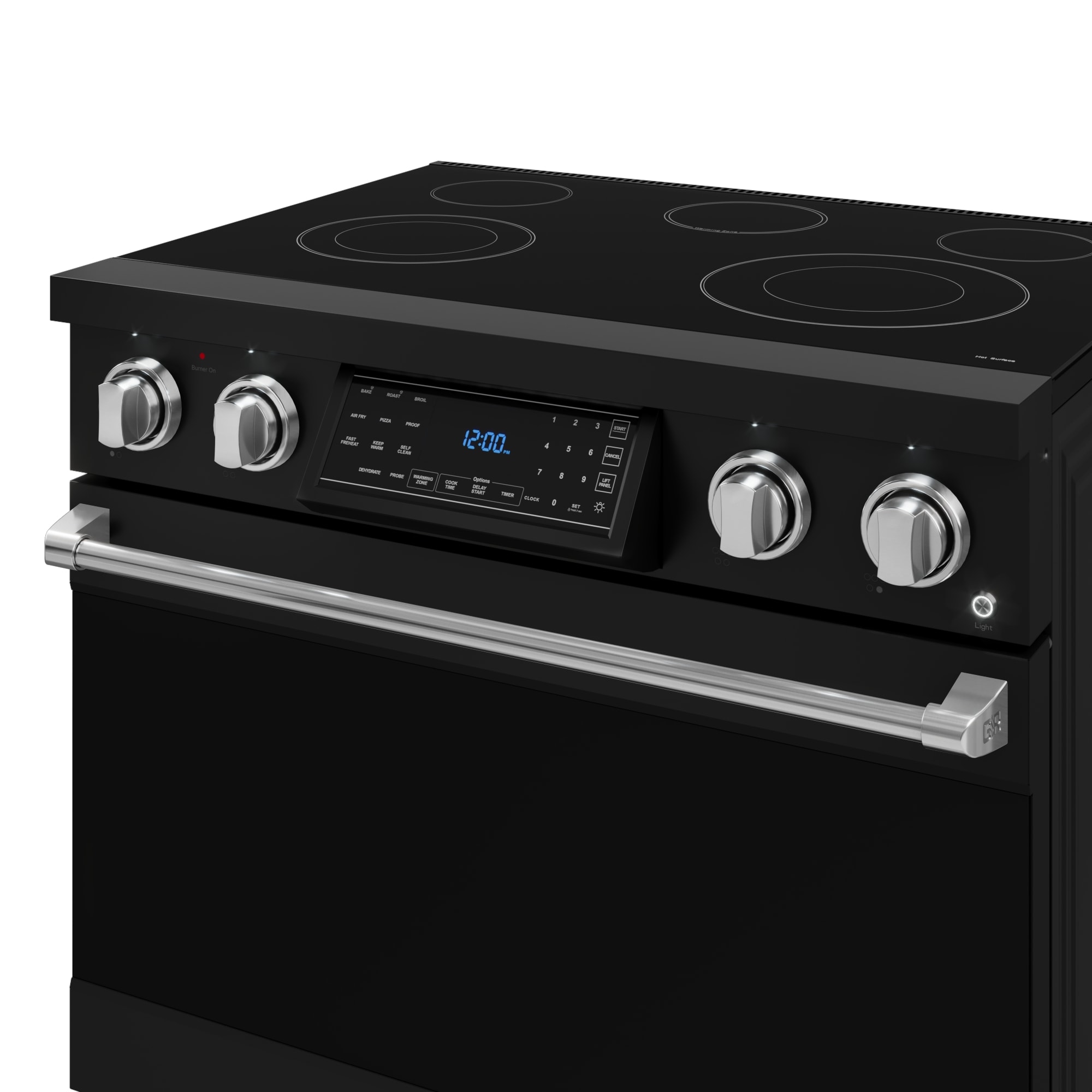 Estufa eléctrica independiente Thor Kitchen Gordon Ramsay 36 pulgadas con 5 quemadores de vidrio y horno de convección de aire para freír de 6 pies cúbicos (Negro mate) RSE36B-SS