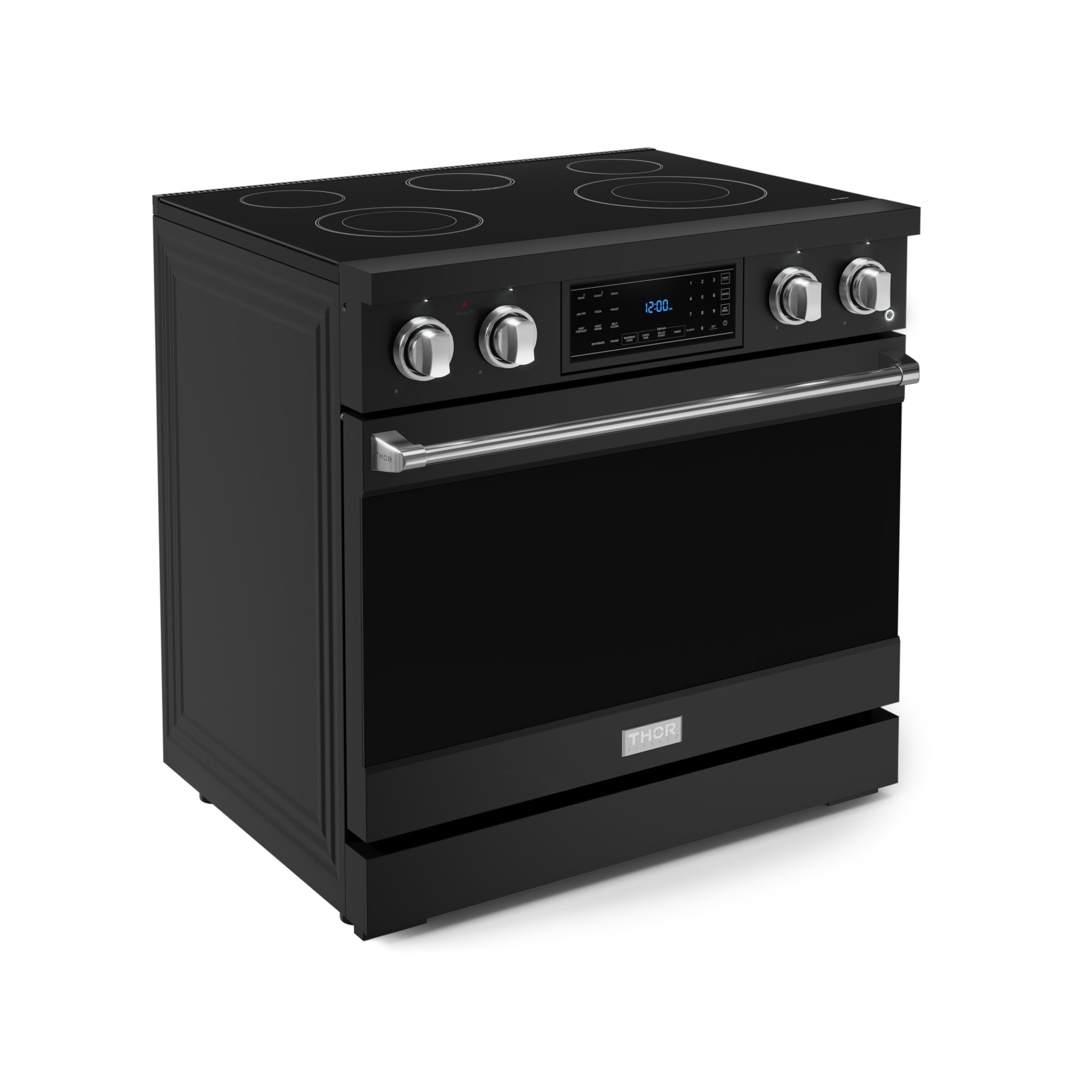 Estufa eléctrica independiente Thor Kitchen Gordon Ramsay 36 pulgadas con 5 quemadores de vidrio y horno de convección de aire para freír de 6 pies cúbicos (Negro mate) RSE36B-SS
