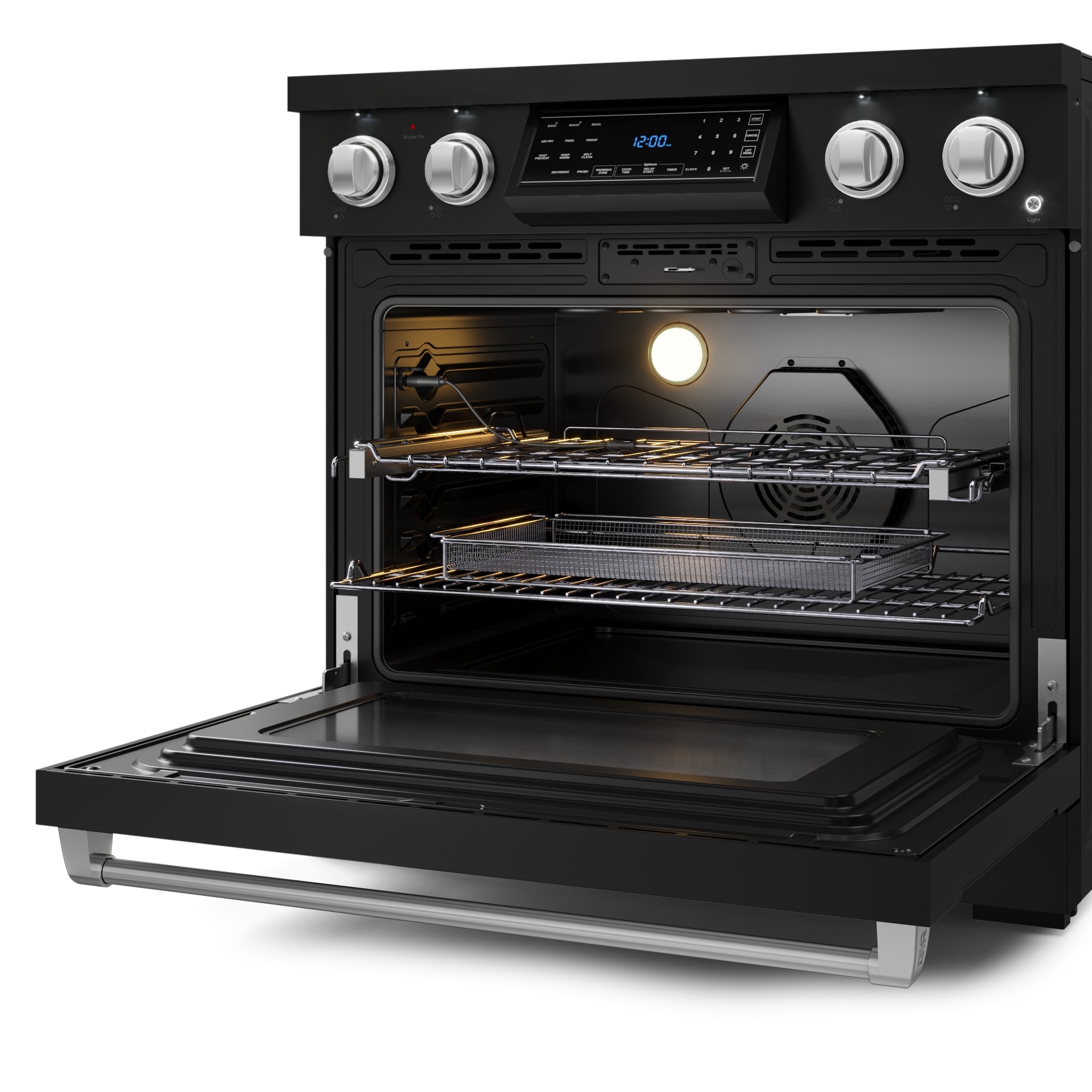 Estufa eléctrica independiente Thor Kitchen Gordon Ramsay 36 pulgadas con 5 quemadores de vidrio y horno de convección de aire para freír de 6 pies cúbicos (Negro mate) RSE36B-SS