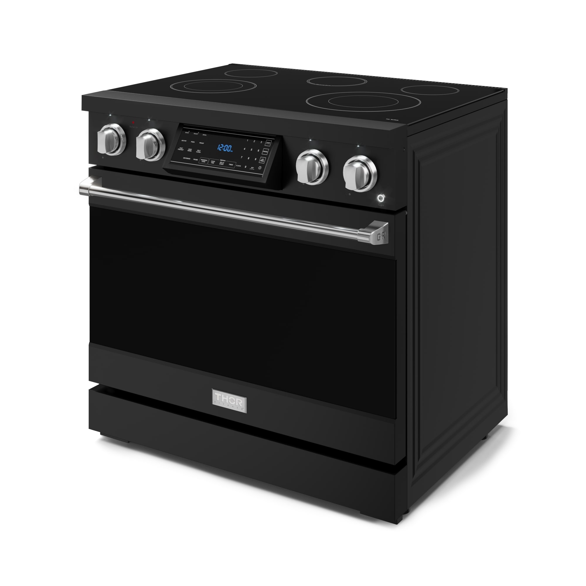 Estufa eléctrica independiente Thor Kitchen Gordon Ramsay 36 pulgadas con 5 quemadores de vidrio y horno de convección de aire para freír de 6 pies cúbicos (Negro mate) RSE36B-SS