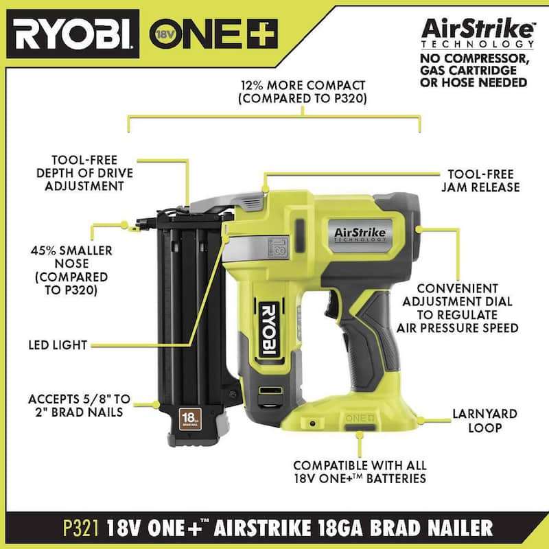 Clavadora inalámbrica RYOBI ONE+ 18V de calibre 18 con clavos AirStrike y Lijadora orbital aleatoria inalámbrica de 5 pulgadas.