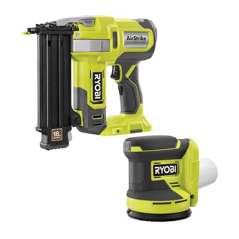 Clavadora inalámbrica RYOBI ONE+ 18V de calibre 18 con clavos AirStrike y Lijadora orbital aleatoria inalámbrica de 5 pulgadas.