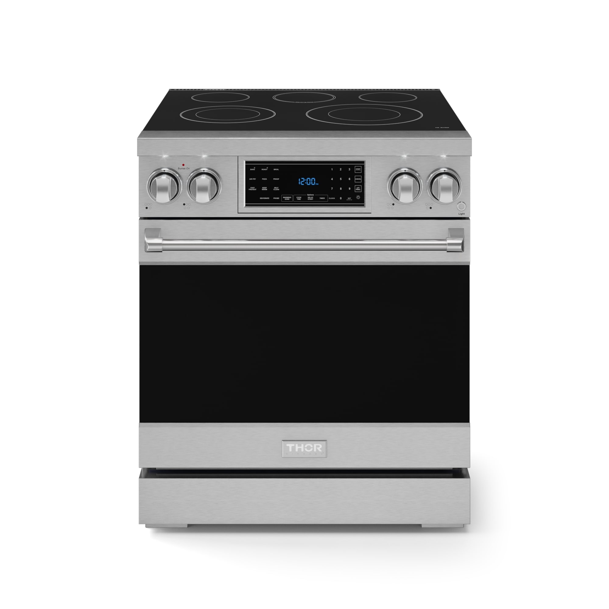 Estufa eléctrica independiente con horno de convección y freidora de aire Thor Kitchen Gordon Ramsay de 30 pulgadas con 5 quemadores en la superficie de vidrio (acero inoxidable) con capacidad de 4.55 pies cúbicos.
