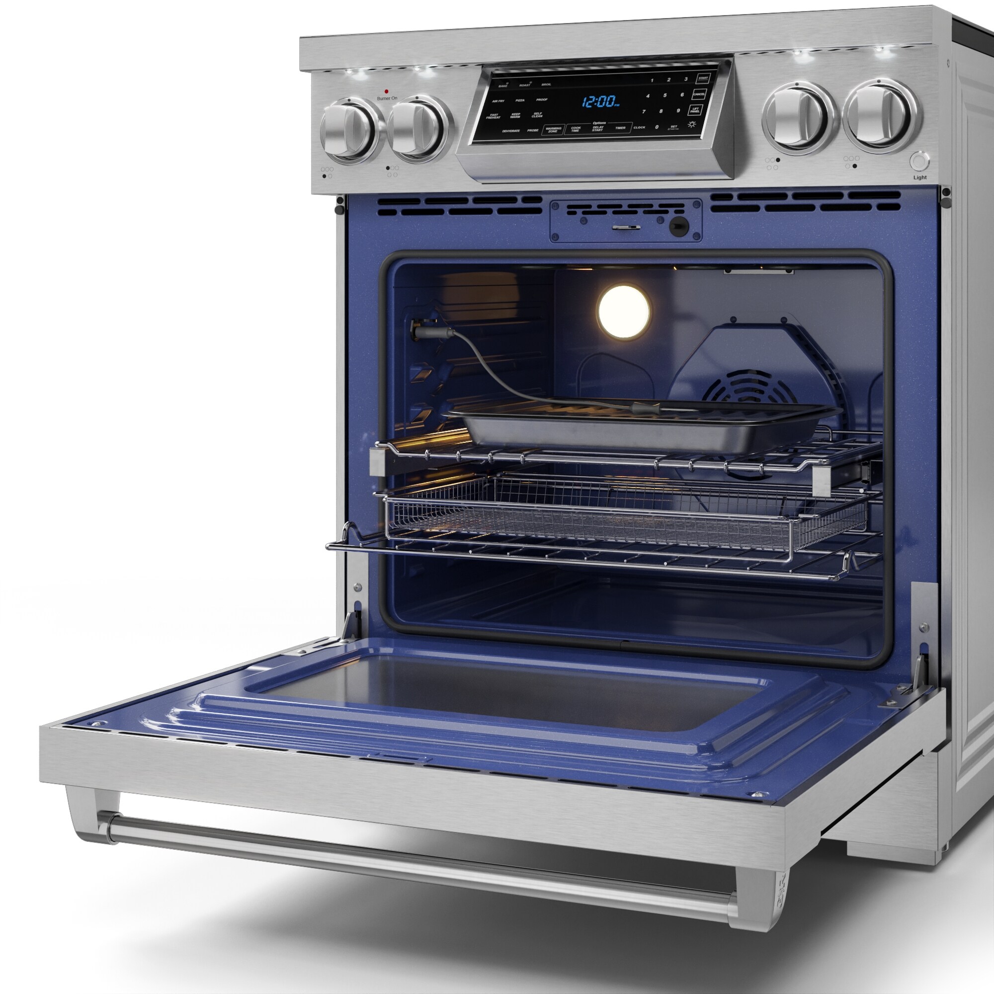 Estufa eléctrica independiente con horno de convección y freidora de aire Thor Kitchen Gordon Ramsay de 30 pulgadas con 5 quemadores en la superficie de vidrio (acero inoxidable) con capacidad de 4.55 pies cúbicos.