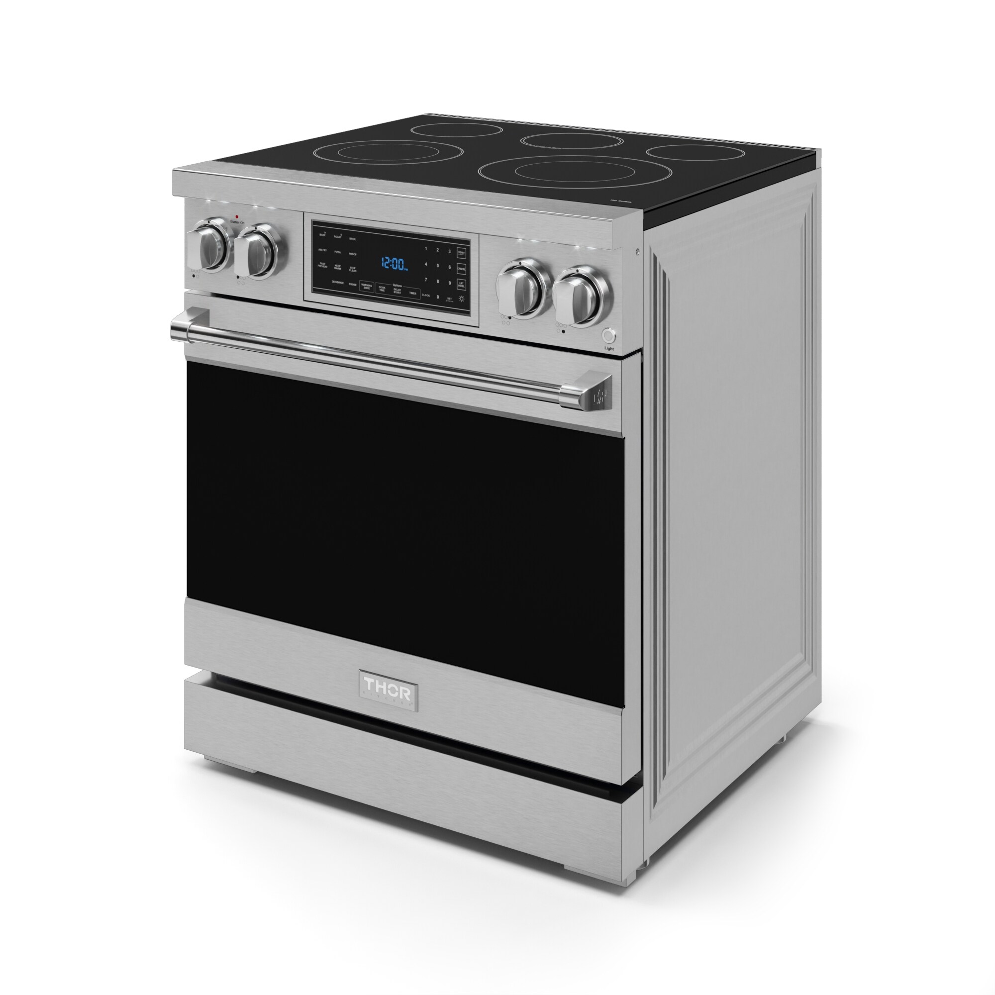 Estufa eléctrica independiente con horno de convección y freidora de aire Thor Kitchen Gordon Ramsay de 30 pulgadas con 5 quemadores en la superficie de vidrio (acero inoxidable) con capacidad de 4.55 pies cúbicos.
