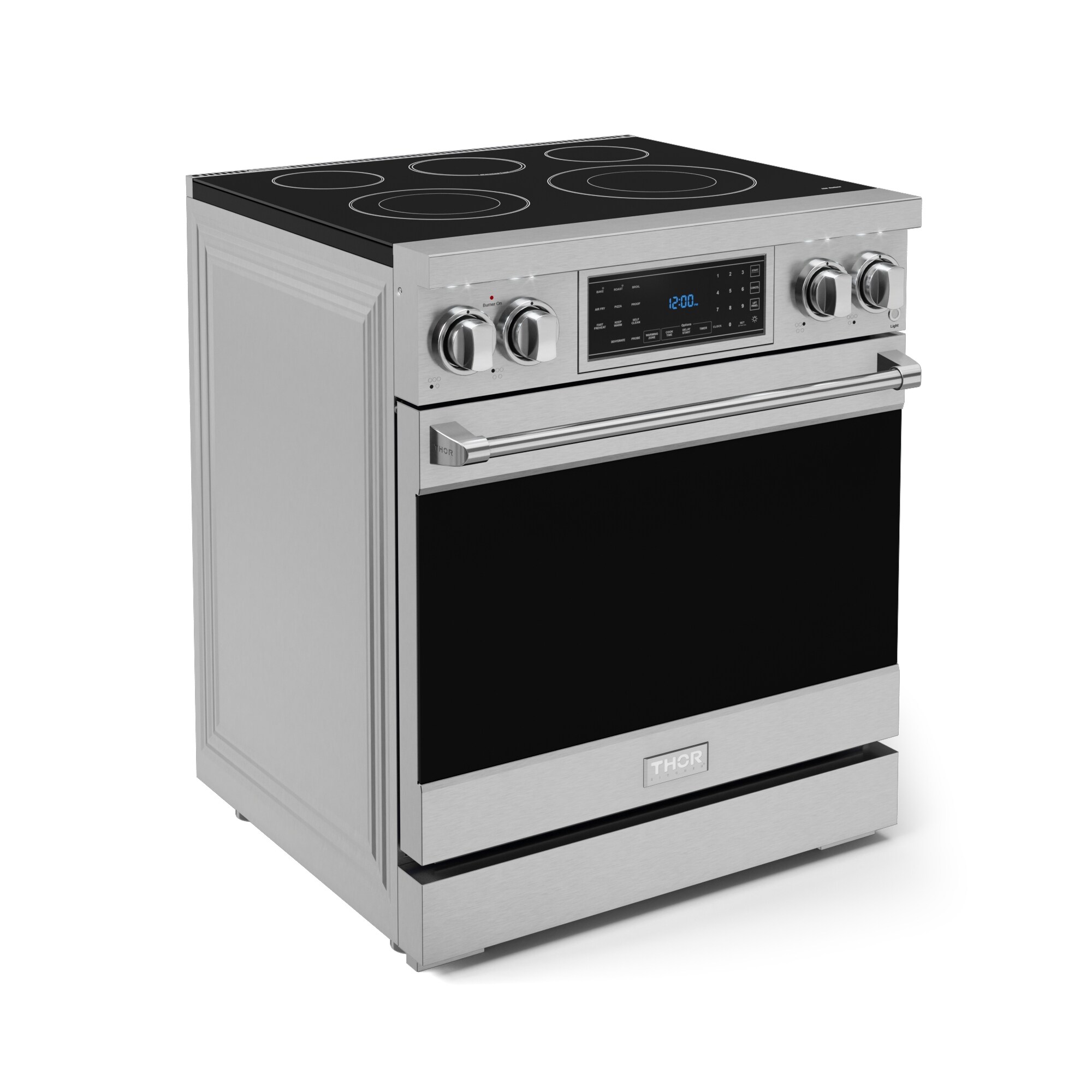Estufa eléctrica independiente con horno de convección y freidora de aire Thor Kitchen Gordon Ramsay de 30 pulgadas con 5 quemadores en la superficie de vidrio (acero inoxidable) con capacidad de 4.55 pies cúbicos.