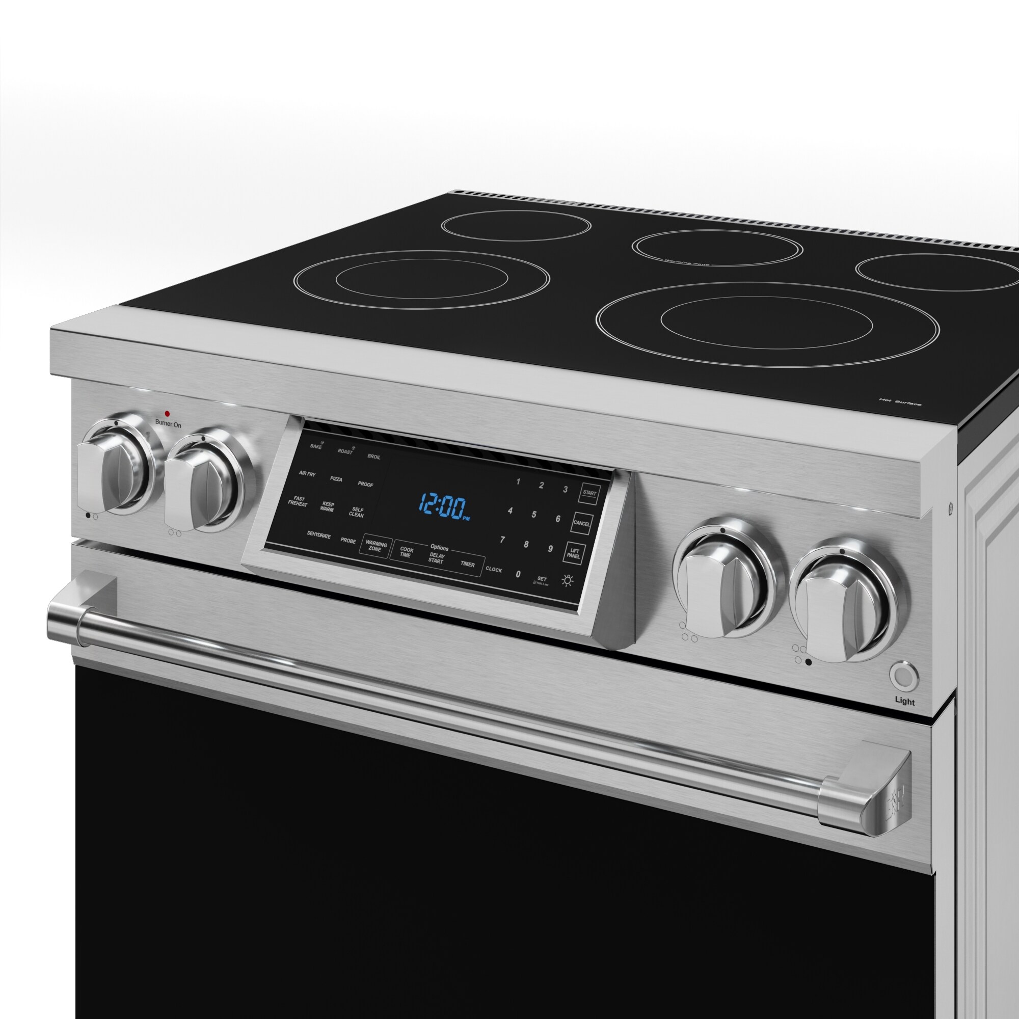 Estufa eléctrica independiente con horno de convección y freidora de aire Thor Kitchen Gordon Ramsay de 30 pulgadas con 5 quemadores en la superficie de vidrio (acero inoxidable) con capacidad de 4.55 pies cúbicos.