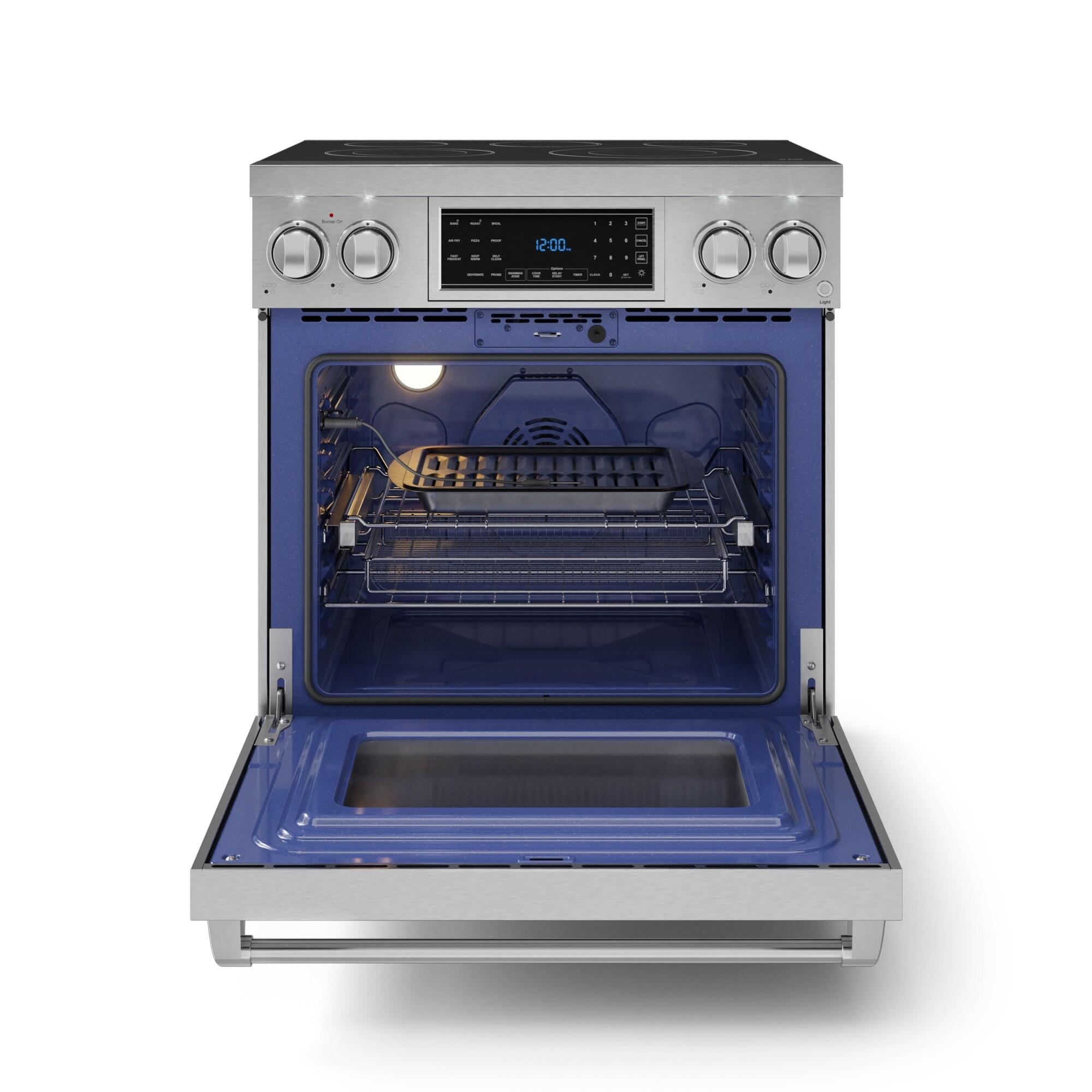 Estufa eléctrica independiente con horno de convección y freidora de aire Thor Kitchen Gordon Ramsay de 30 pulgadas con 5 quemadores en la superficie de vidrio (acero inoxidable) con capacidad de 4.55 pies cúbicos.