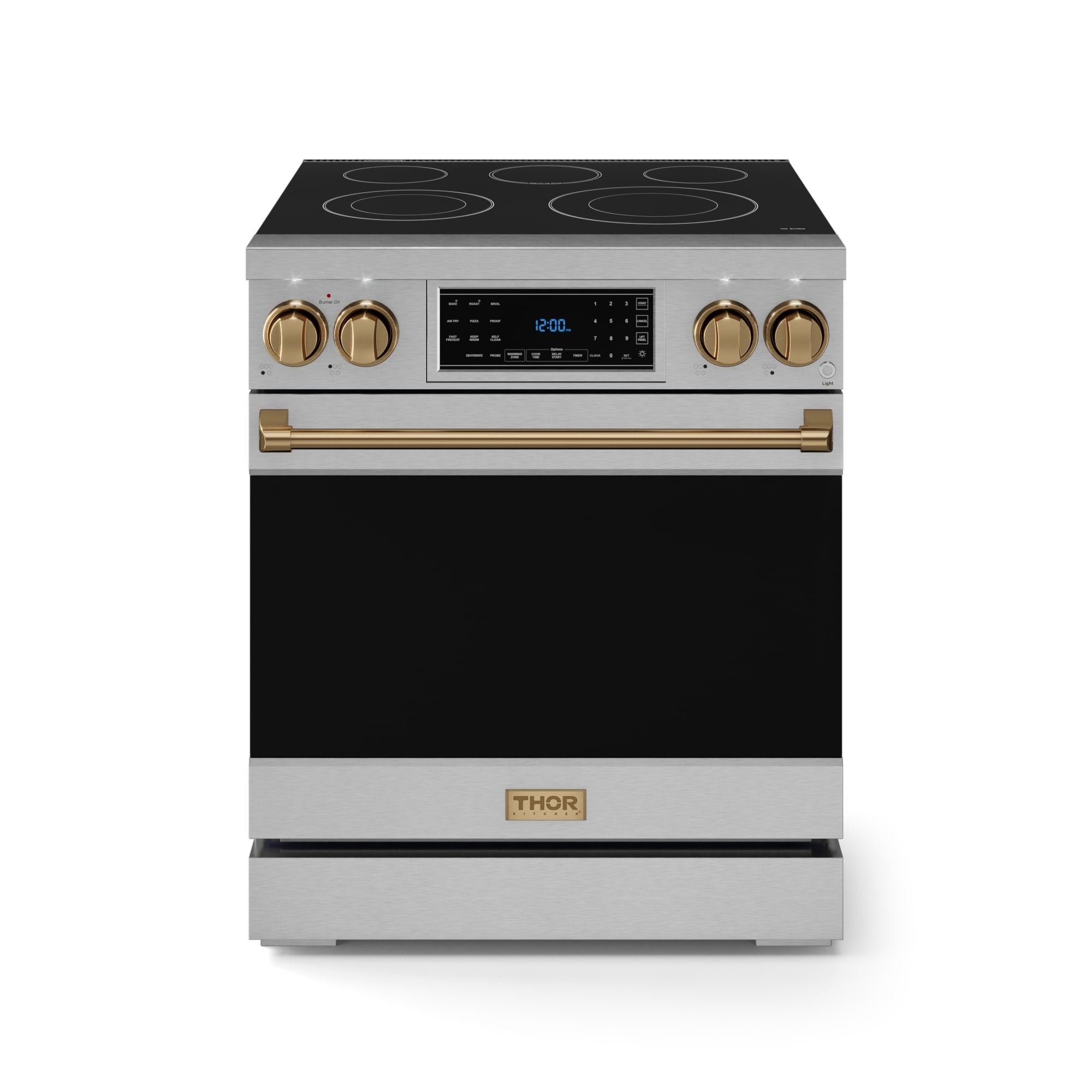 Estufa Eléctrica Independiente con Horno de Convección de Freír al Aire de 4.55 pies cúbicos, 5 quemadores de vidrio de 30 pulgadas de Thor Kitchen (acero inoxidable) RSE30-BRZ