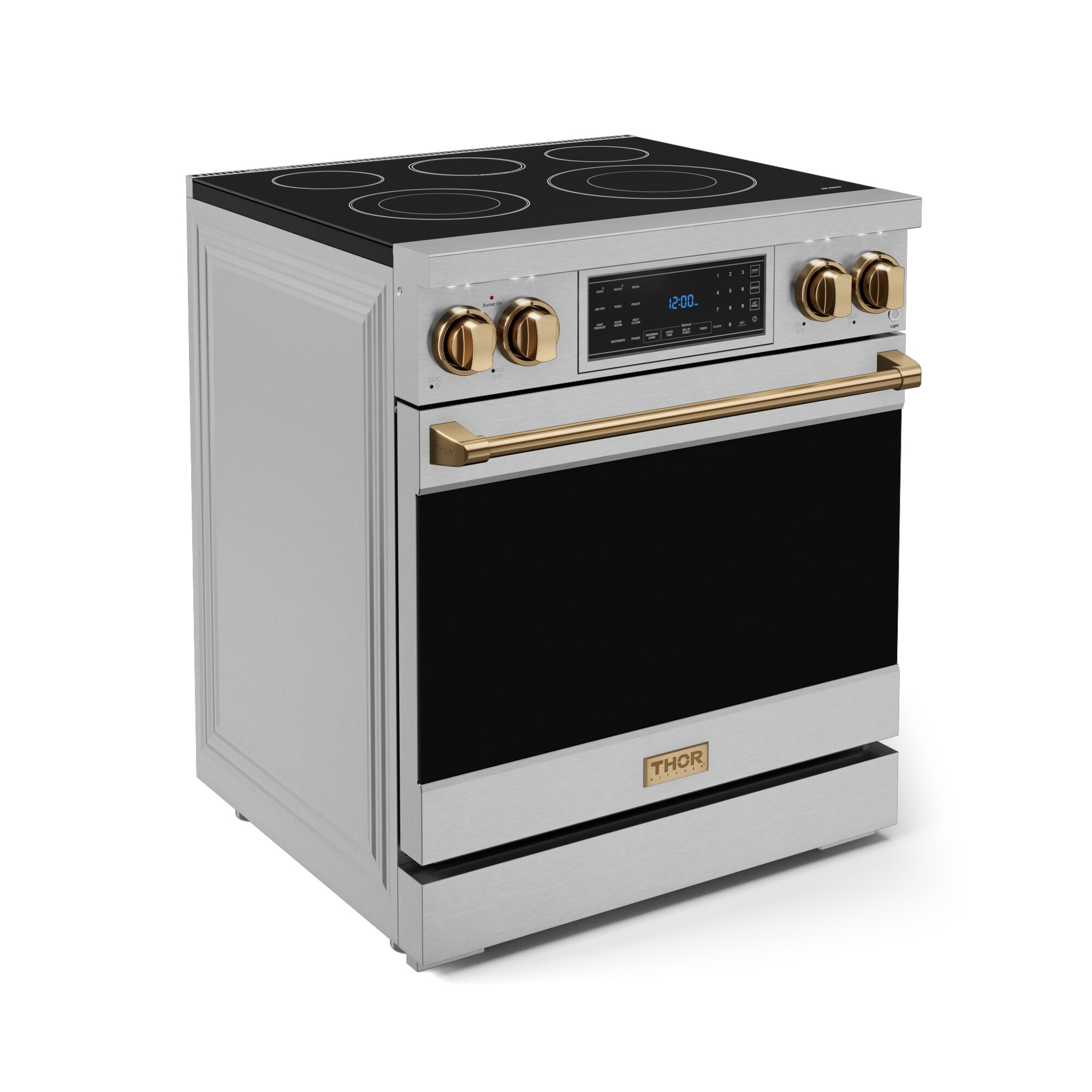 Estufa Eléctrica Independiente con Horno de Convección de Freír al Aire de 4.55 pies cúbicos, 5 quemadores de vidrio de 30 pulgadas de Thor Kitchen (acero inoxidable) RSE30-BRZ