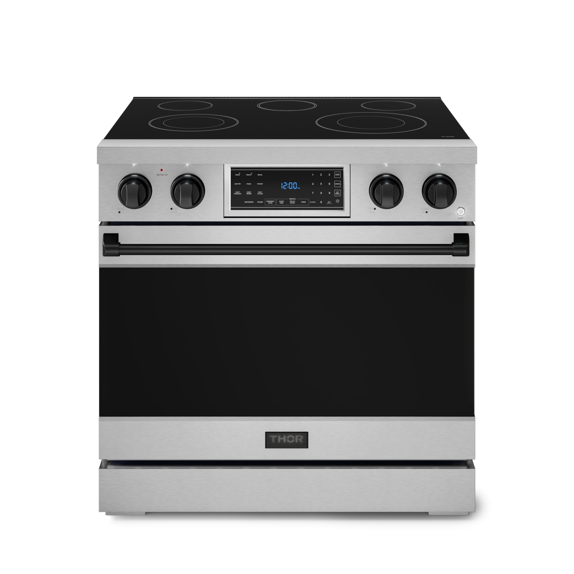 Estufa eléctrica independiente de 36 pulgadas con 5 quemadores de vidrio y horno de convección con freidora de aire de 6 pies cúbicos (acero inoxidable) Thor Kitchen.
