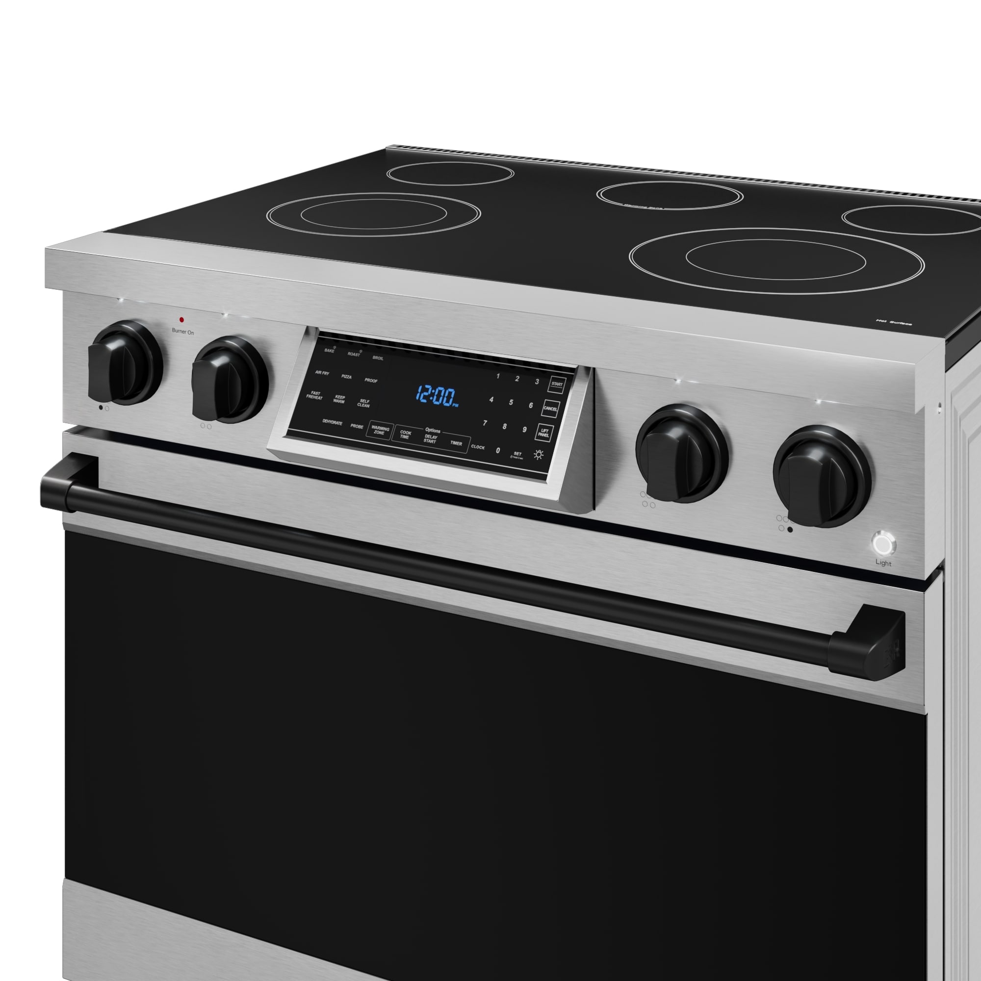 Estufa eléctrica independiente de 36 pulgadas con 5 quemadores de vidrio y horno de convección con freidora de aire de 6 pies cúbicos (acero inoxidable) Thor Kitchen.