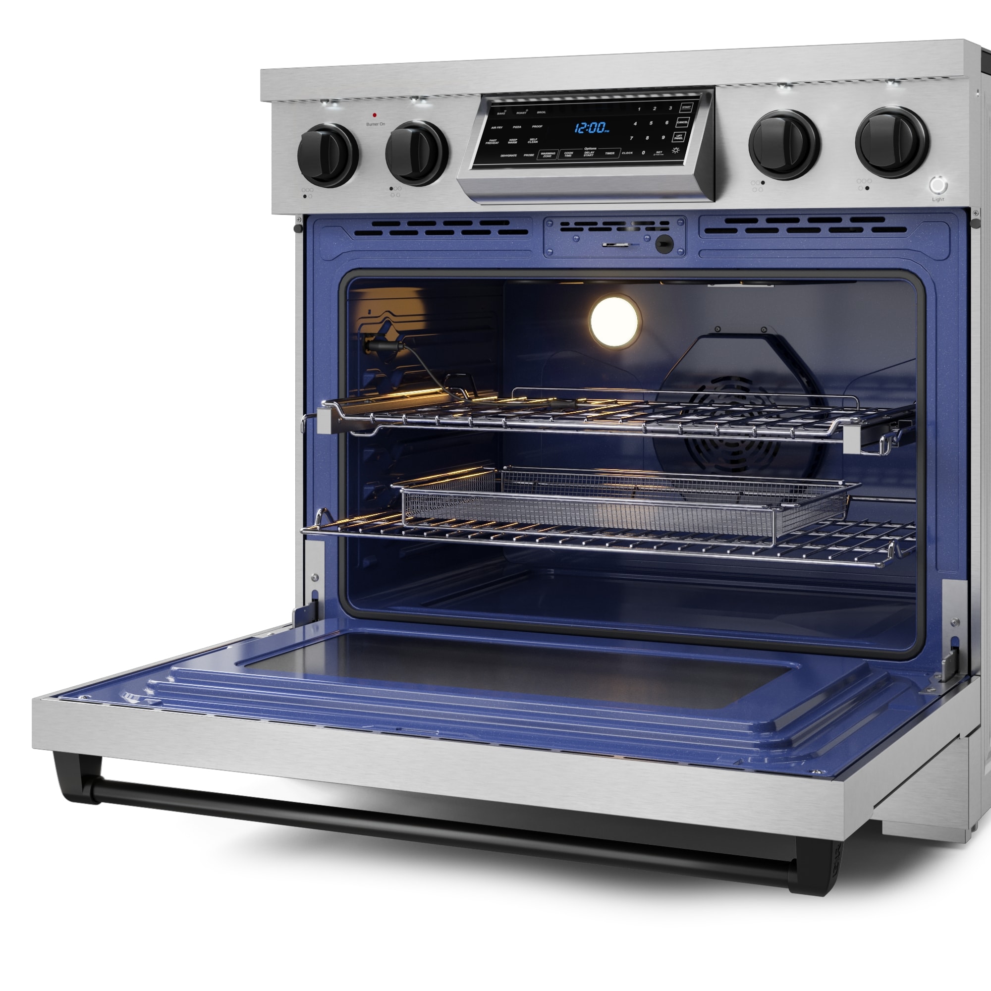 Estufa eléctrica independiente de 36 pulgadas con 5 quemadores de vidrio y horno de convección con freidora de aire de 6 pies cúbicos (acero inoxidable) Thor Kitchen.