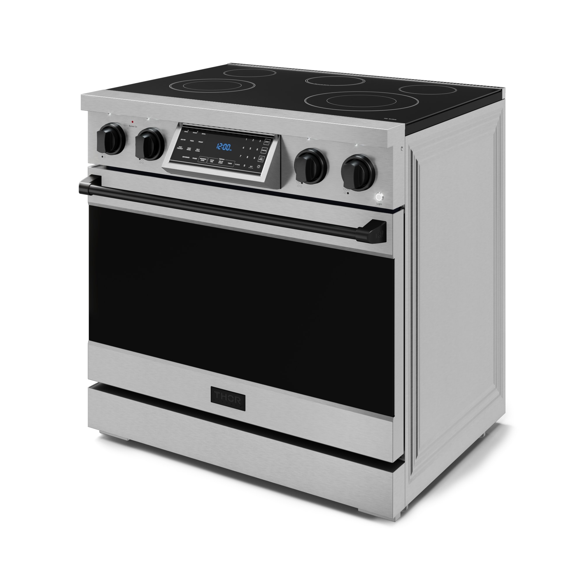 Estufa eléctrica independiente de 36 pulgadas con 5 quemadores de vidrio y horno de convección con freidora de aire de 6 pies cúbicos (acero inoxidable) Thor Kitchen.