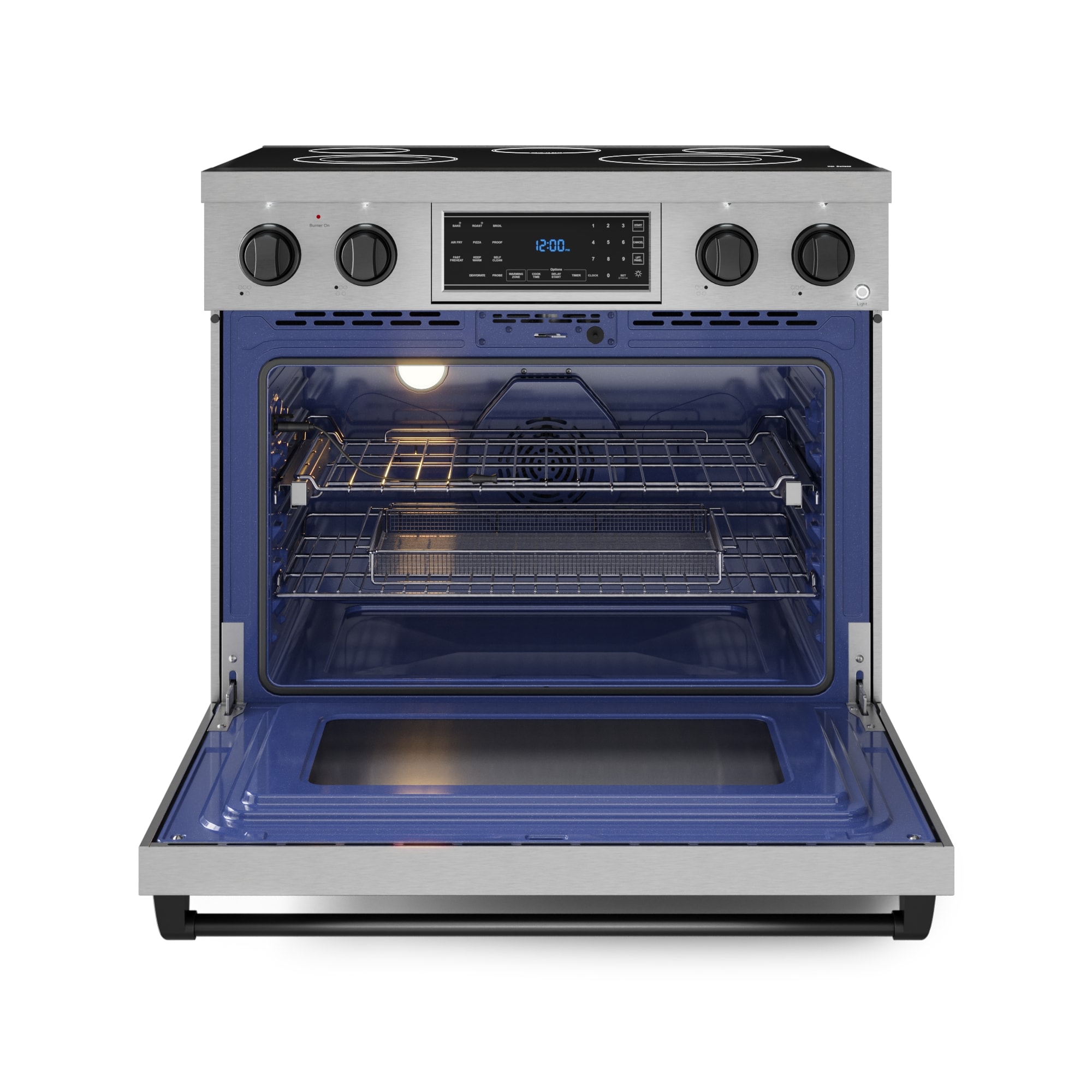 Estufa eléctrica independiente de 36 pulgadas con 5 quemadores de vidrio y horno de convección con freidora de aire de 6 pies cúbicos (acero inoxidable) Thor Kitchen.