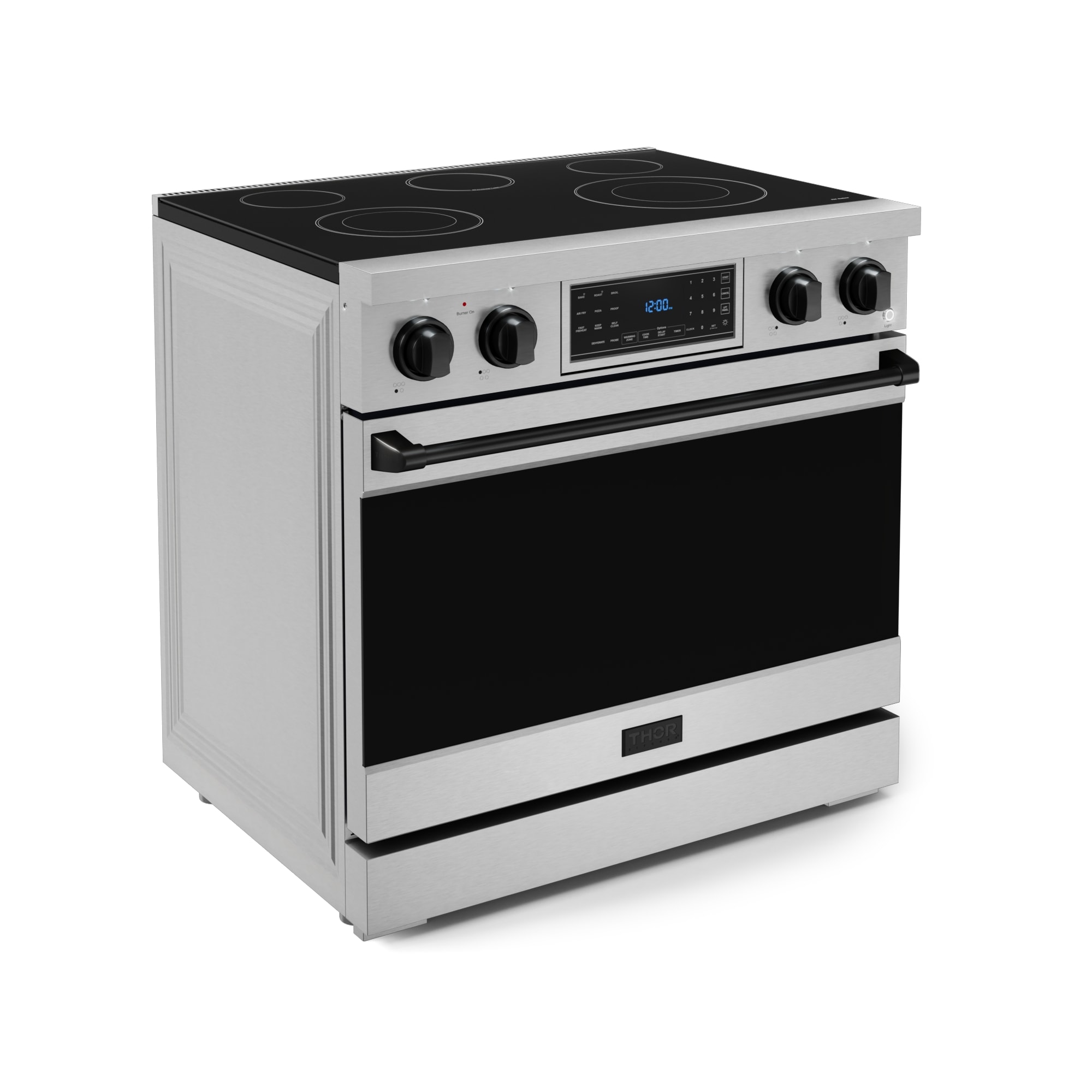 Estufa eléctrica independiente de 36 pulgadas con 5 quemadores de vidrio y horno de convección con freidora de aire de 6 pies cúbicos (acero inoxidable) Thor Kitchen.