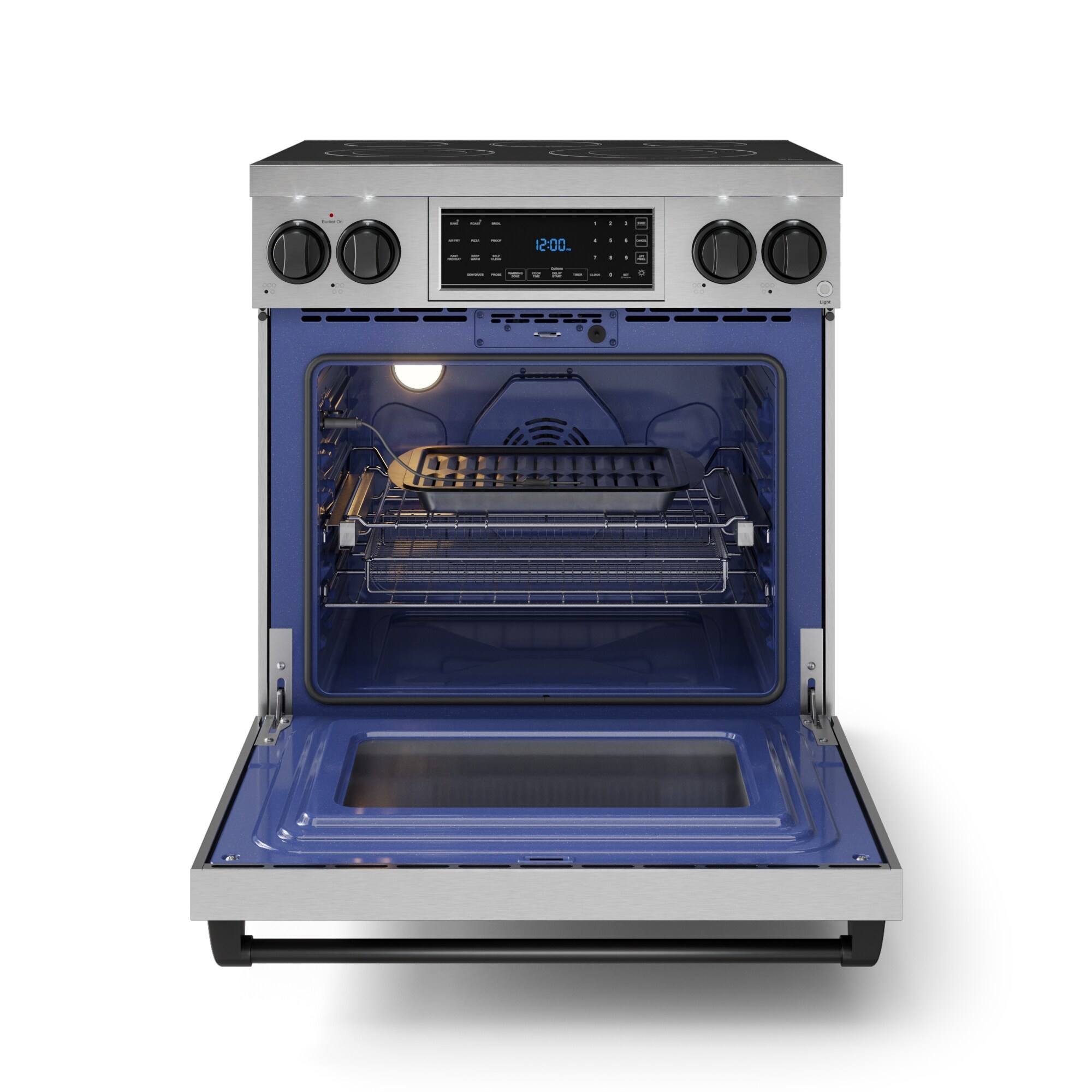 Estufa eléctrica independiente de 30 pulgadas con quemadores de vidrio superior, horno de convección de aire freidora de 4.55 pies cúbicos (Acero Inoxidable) Thor Kitchen RSE30-BLK