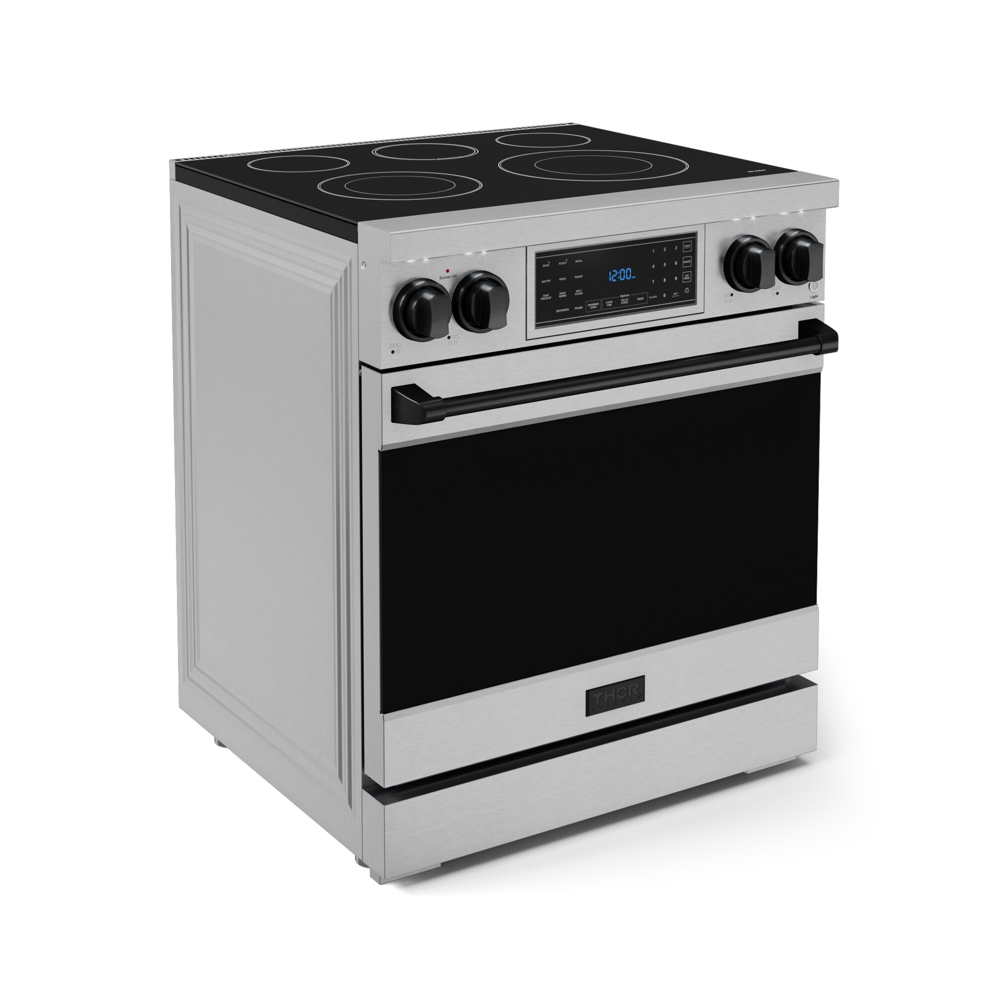 Estufa eléctrica independiente de 30 pulgadas con quemadores de vidrio superior, horno de convección de aire freidora de 4.55 pies cúbicos (Acero Inoxidable) Thor Kitchen RSE30-BLK