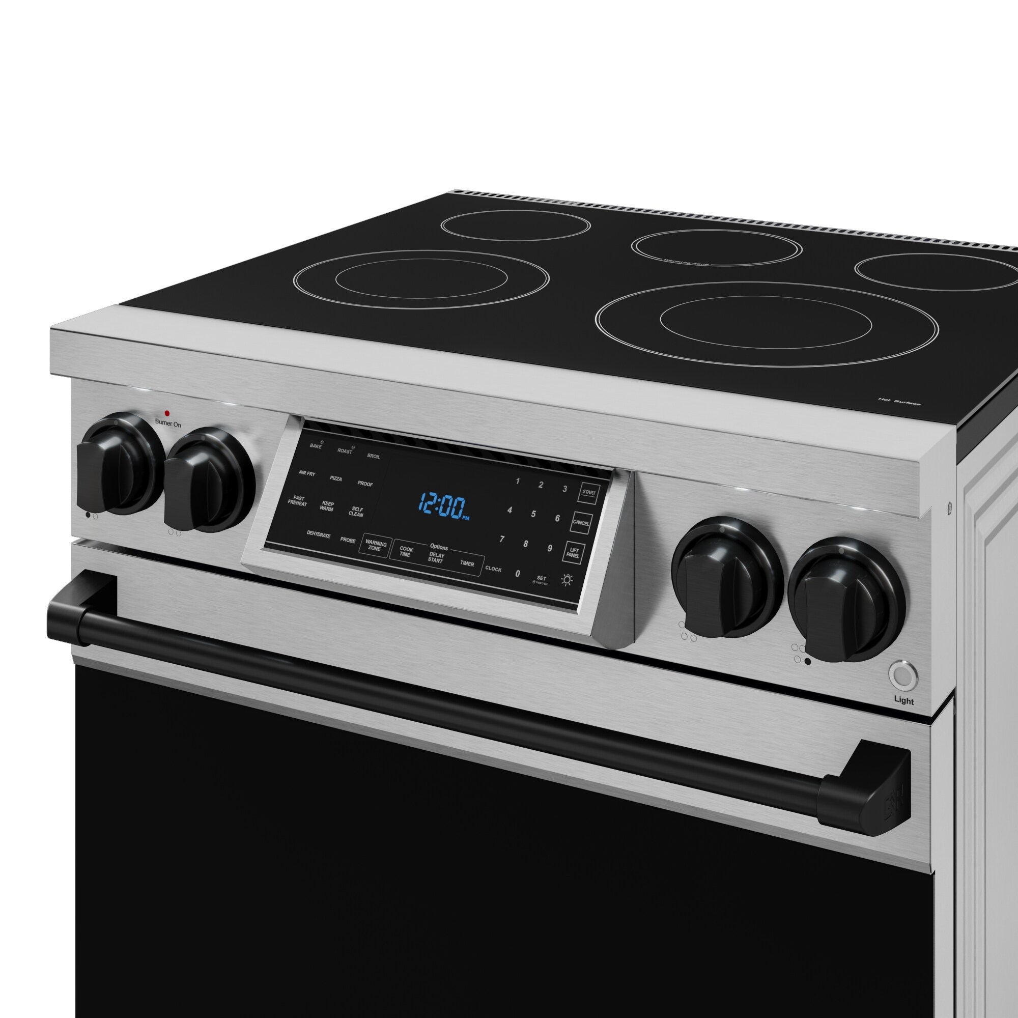 Estufa eléctrica independiente de 30 pulgadas con quemadores de vidrio superior, horno de convección de aire freidora de 4.55 pies cúbicos (Acero Inoxidable) Thor Kitchen RSE30-BLK