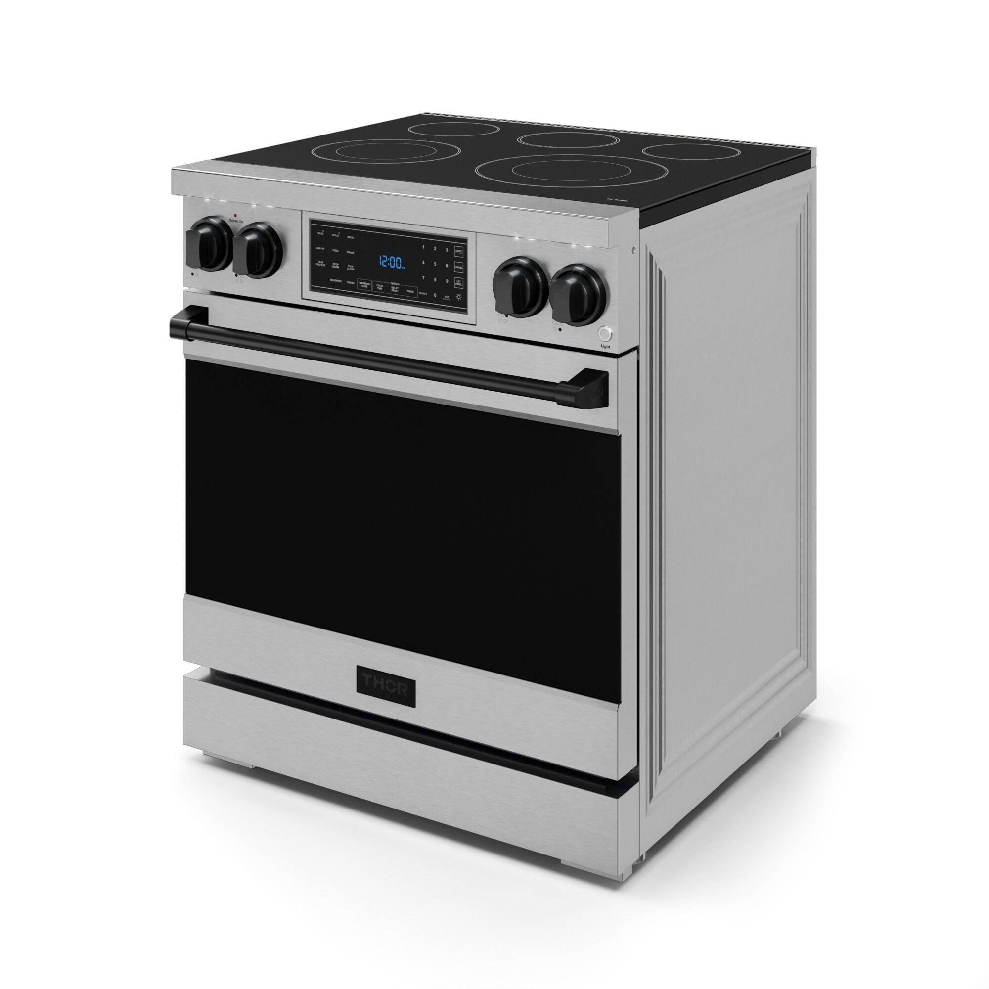 Estufa eléctrica independiente de 30 pulgadas con quemadores de vidrio superior, horno de convección de aire freidora de 4.55 pies cúbicos (Acero Inoxidable) Thor Kitchen RSE30-BLK