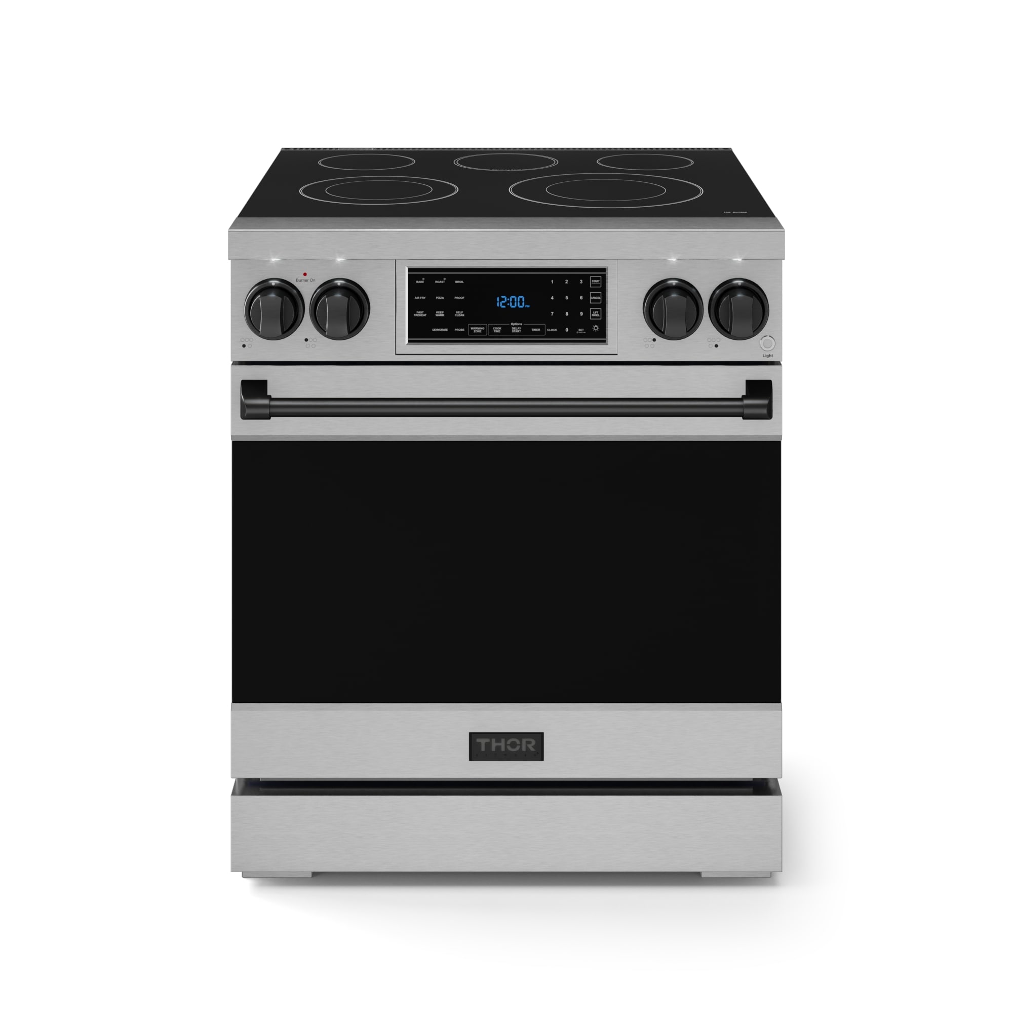Estufa eléctrica independiente de 30 pulgadas con quemadores de vidrio superior, horno de convección de aire freidora de 4.55 pies cúbicos (Acero Inoxidable) Thor Kitchen RSE30-BLK