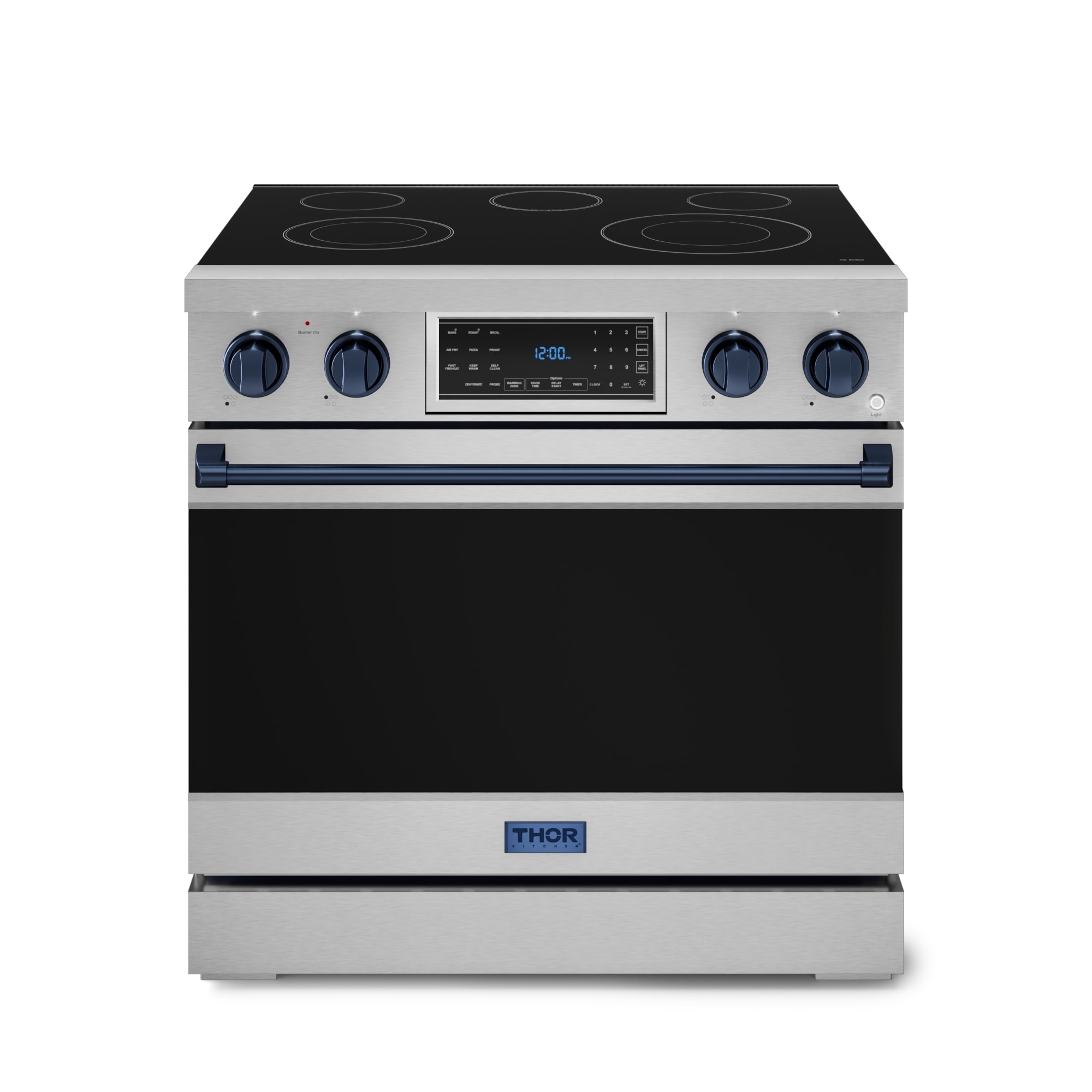 Parrilla eléctrica independiente de acero inoxidable con horno de convección de aire frito de 6 pies cúbicos, 5 quemadores y superficie de vidrio de 36 pulgadas de Thor Kitchen Gordon Ramsay.