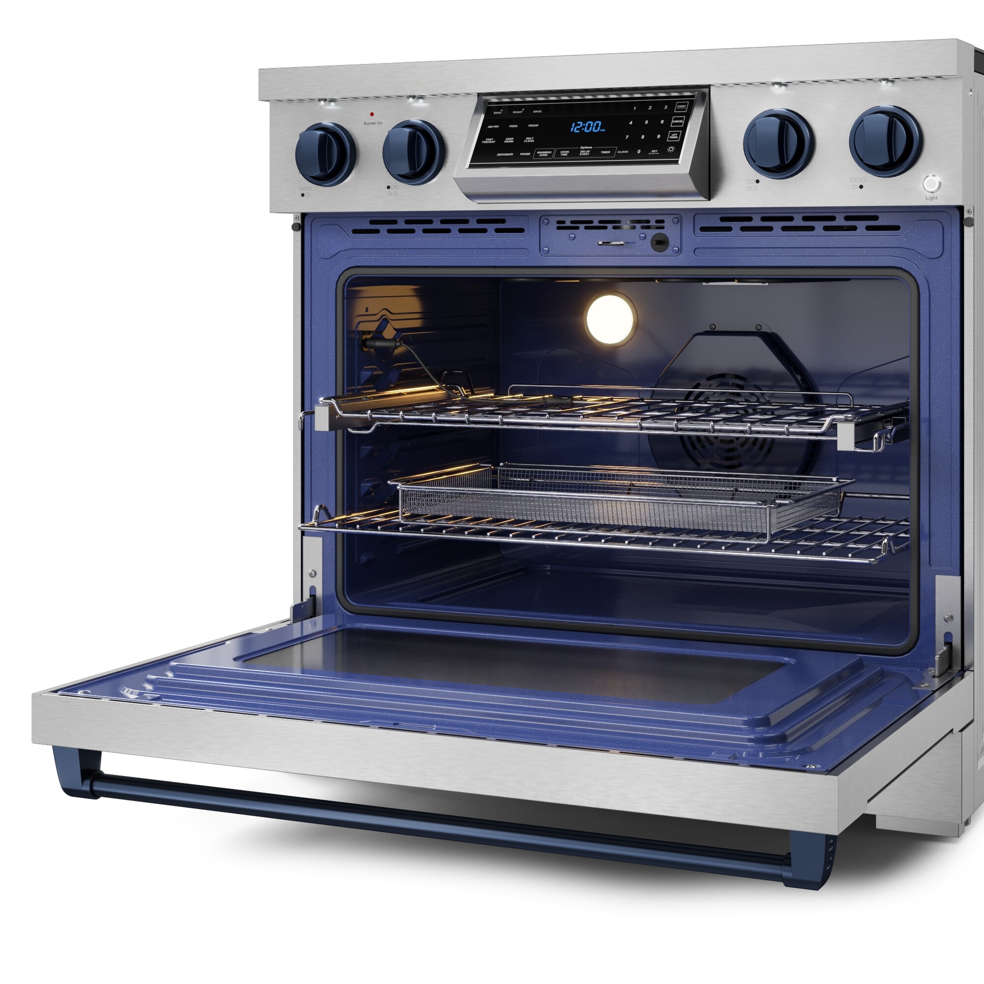 Parrilla eléctrica independiente de acero inoxidable con horno de convección de aire frito de 6 pies cúbicos, 5 quemadores y superficie de vidrio de 36 pulgadas de Thor Kitchen Gordon Ramsay.