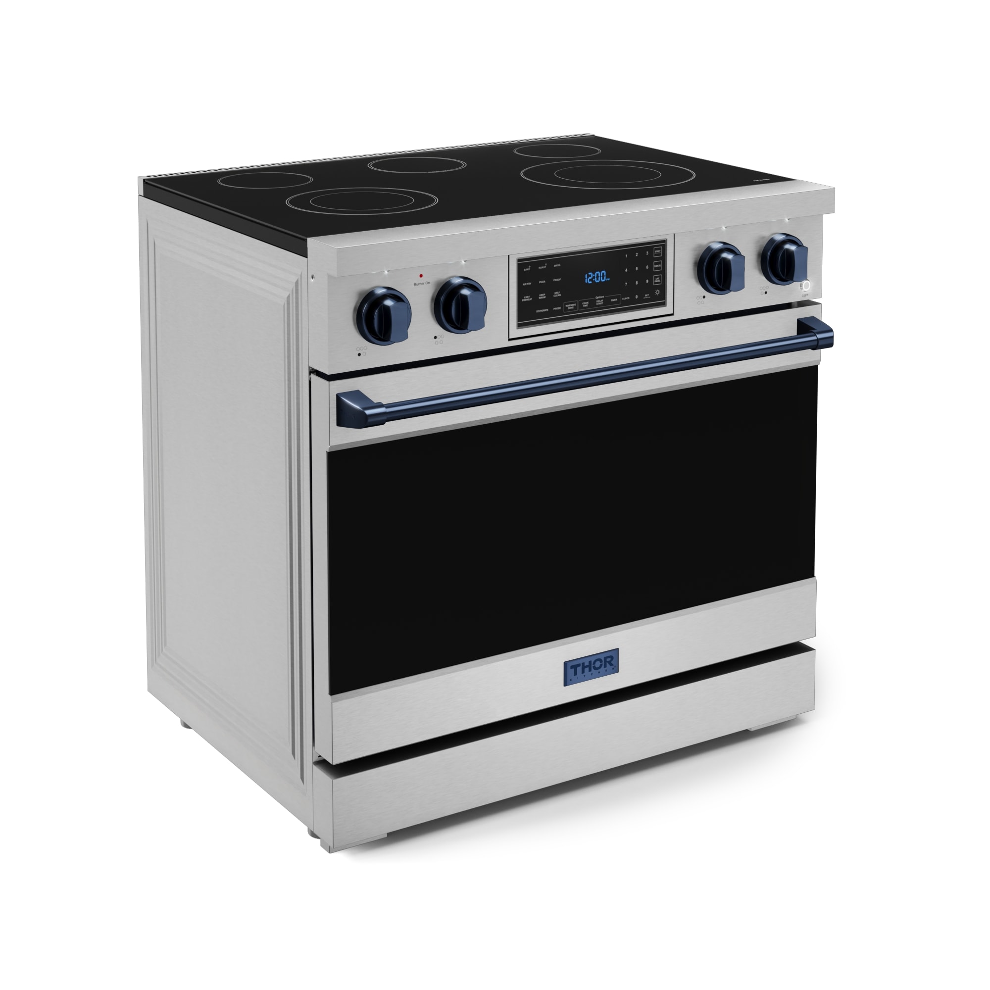 Parrilla eléctrica independiente de acero inoxidable con horno de convección de aire frito de 6 pies cúbicos, 5 quemadores y superficie de vidrio de 36 pulgadas de Thor Kitchen Gordon Ramsay.