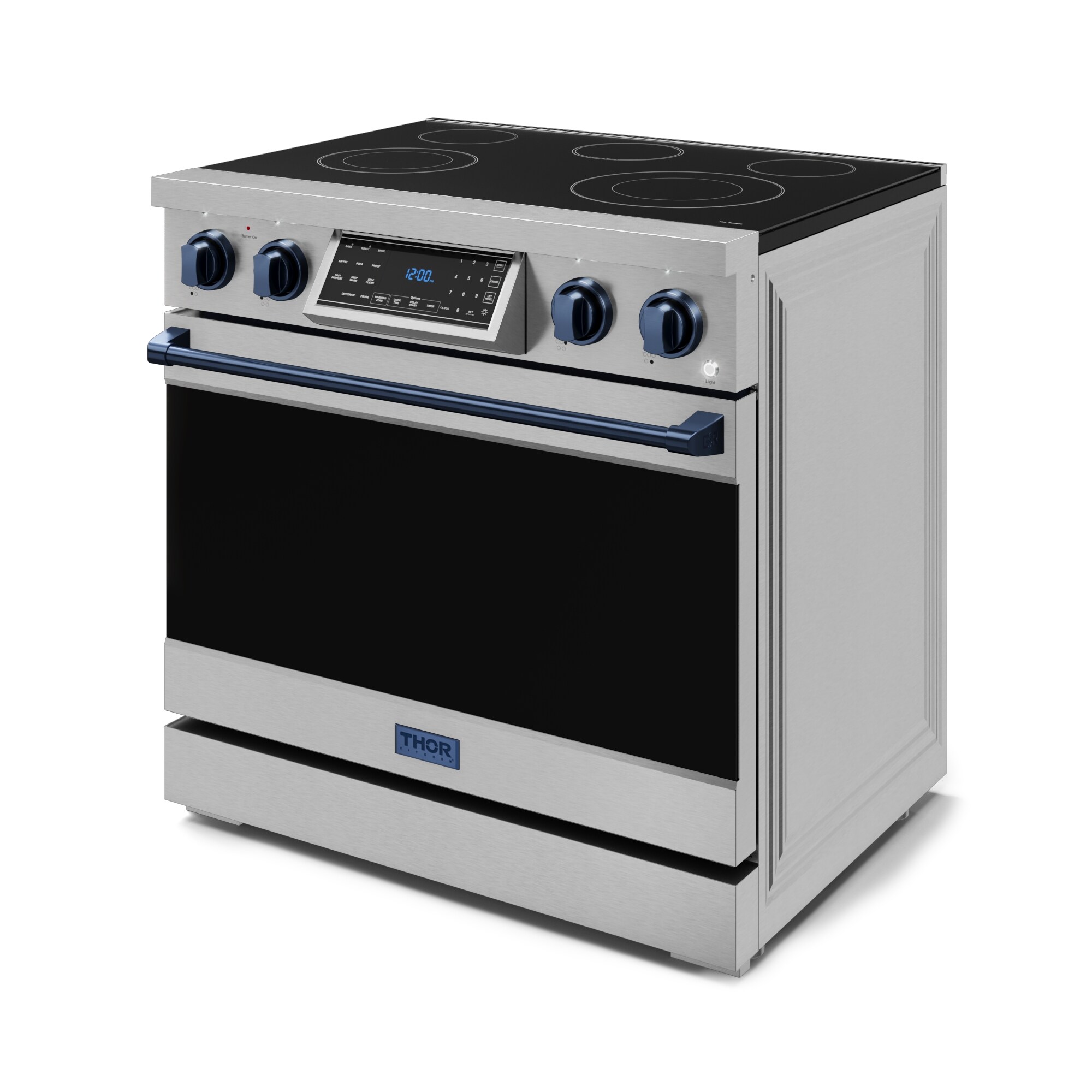 Parrilla eléctrica independiente de acero inoxidable con horno de convección de aire frito de 6 pies cúbicos, 5 quemadores y superficie de vidrio de 36 pulgadas de Thor Kitchen Gordon Ramsay.