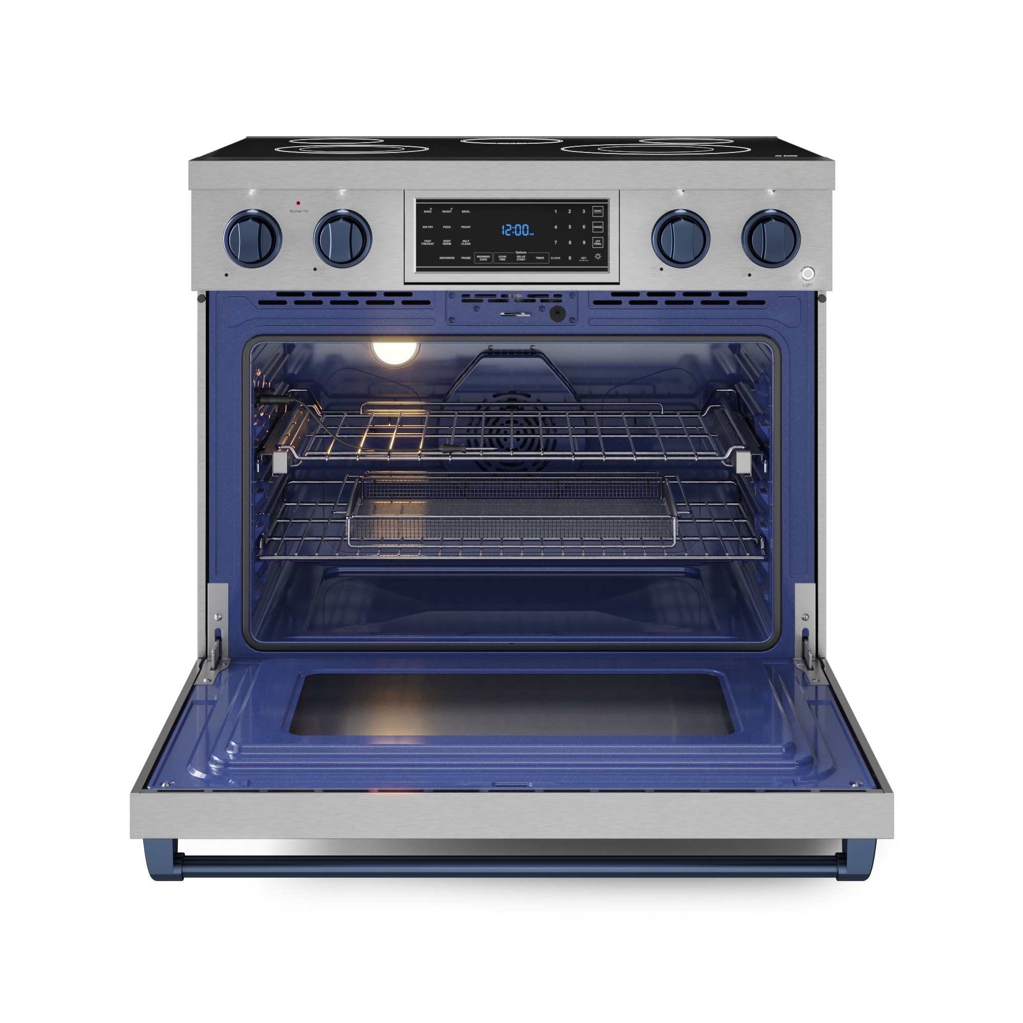 Parrilla eléctrica independiente de acero inoxidable con horno de convección de aire frito de 6 pies cúbicos, 5 quemadores y superficie de vidrio de 36 pulgadas de Thor Kitchen Gordon Ramsay.
