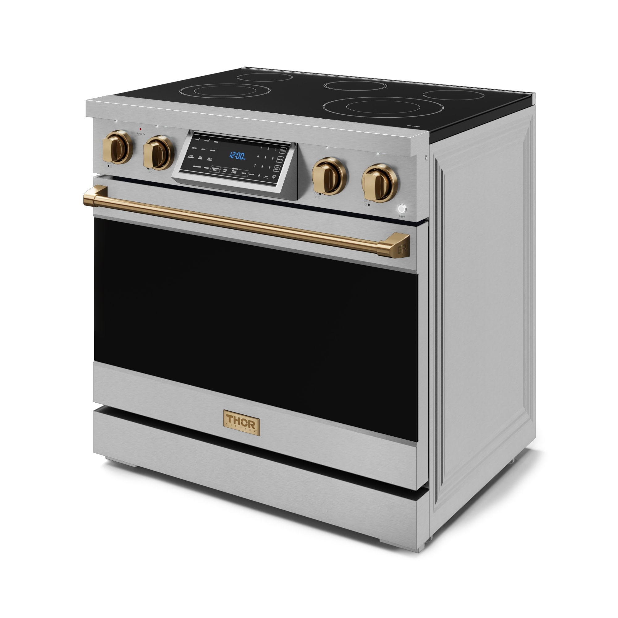 Cocina eléctrica independiente con horno de convección y freidora de aire de 6 pies cúbicos, 5 quemadores de vidrio de 36 pulgadas (acero inoxidable) Thor Kitchen