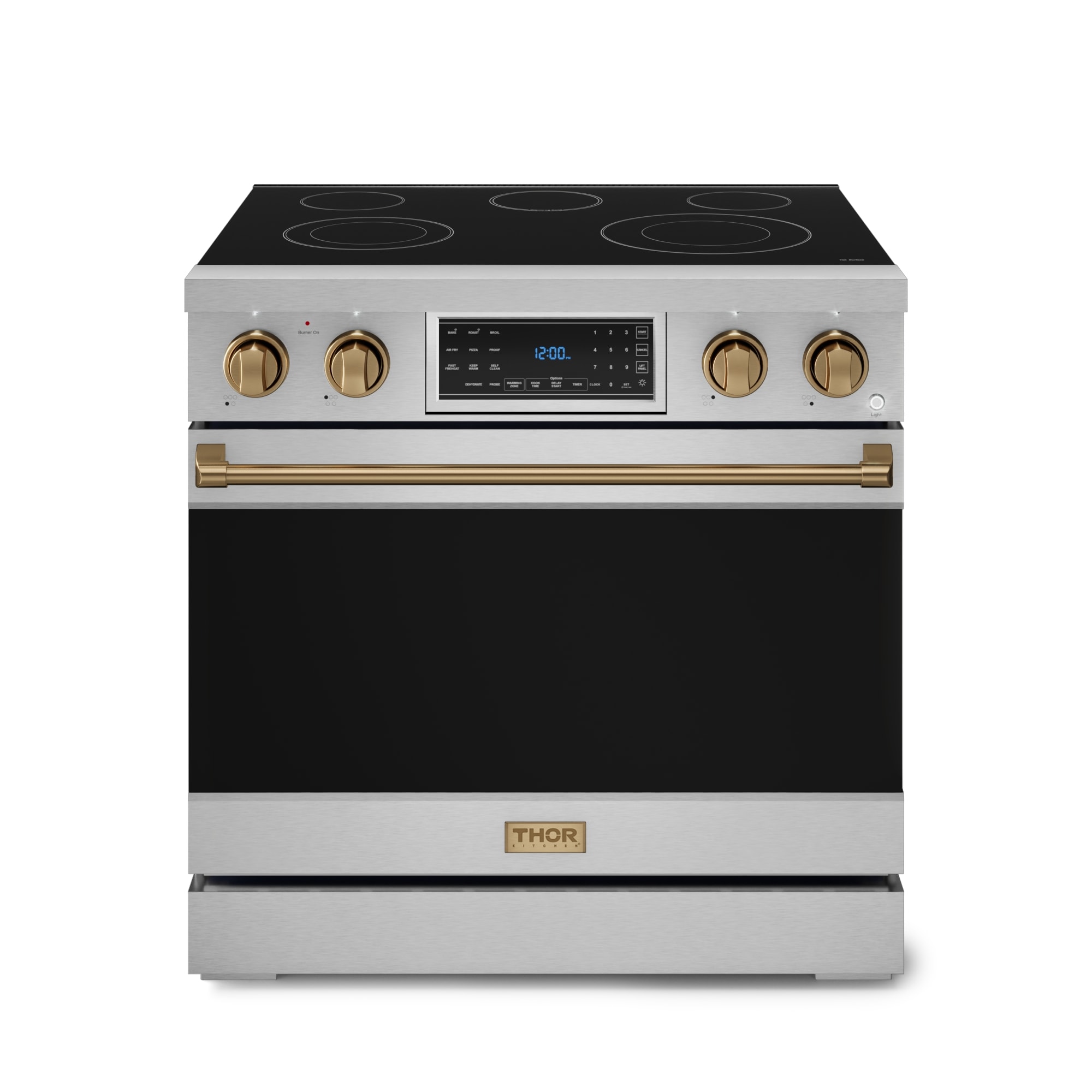 Cocina eléctrica independiente con horno de convección y freidora de aire de 6 pies cúbicos, 5 quemadores de vidrio de 36 pulgadas (acero inoxidable) Thor Kitchen