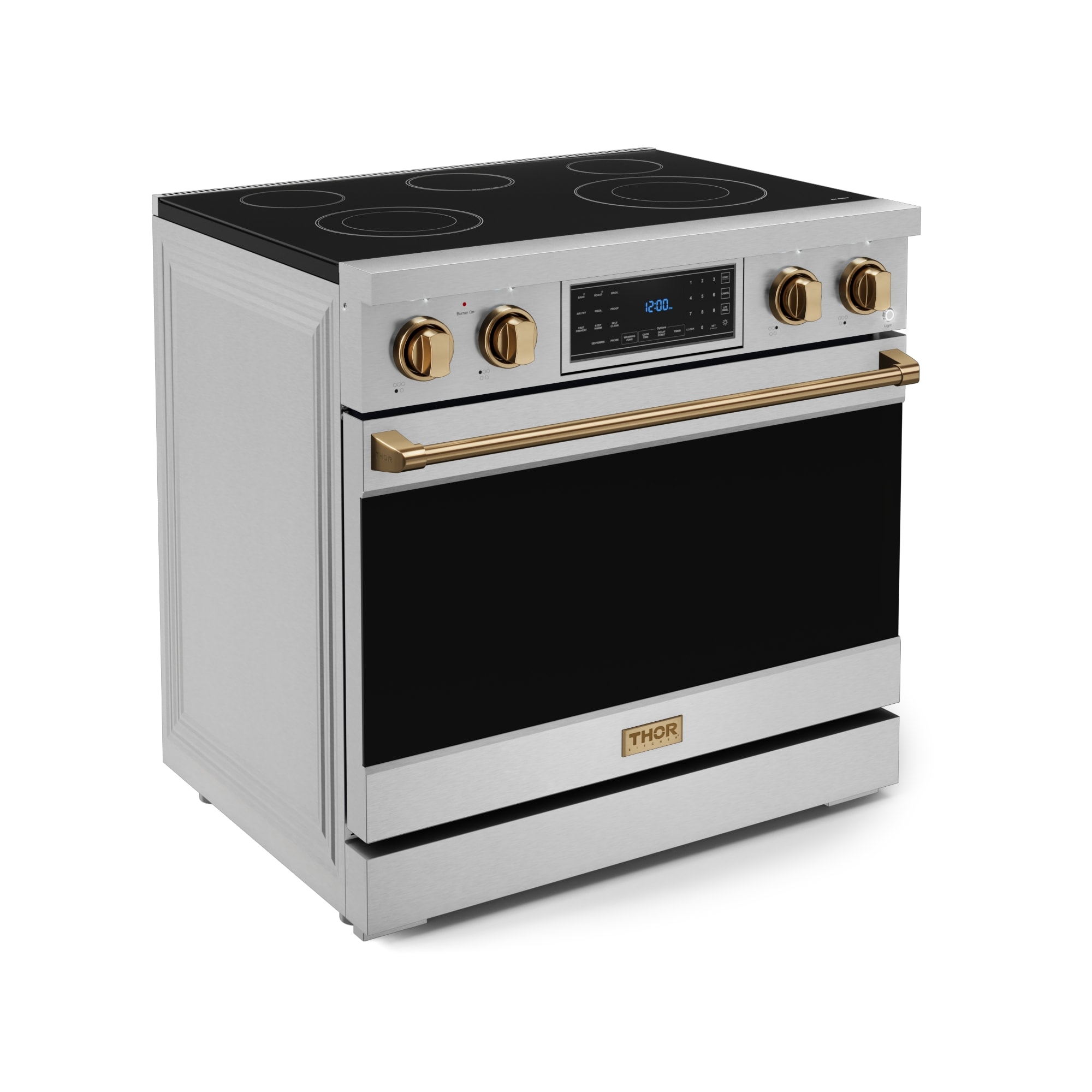 Cocina eléctrica independiente con horno de convección y freidora de aire de 6 pies cúbicos, 5 quemadores de vidrio de 36 pulgadas (acero inoxidable) Thor Kitchen