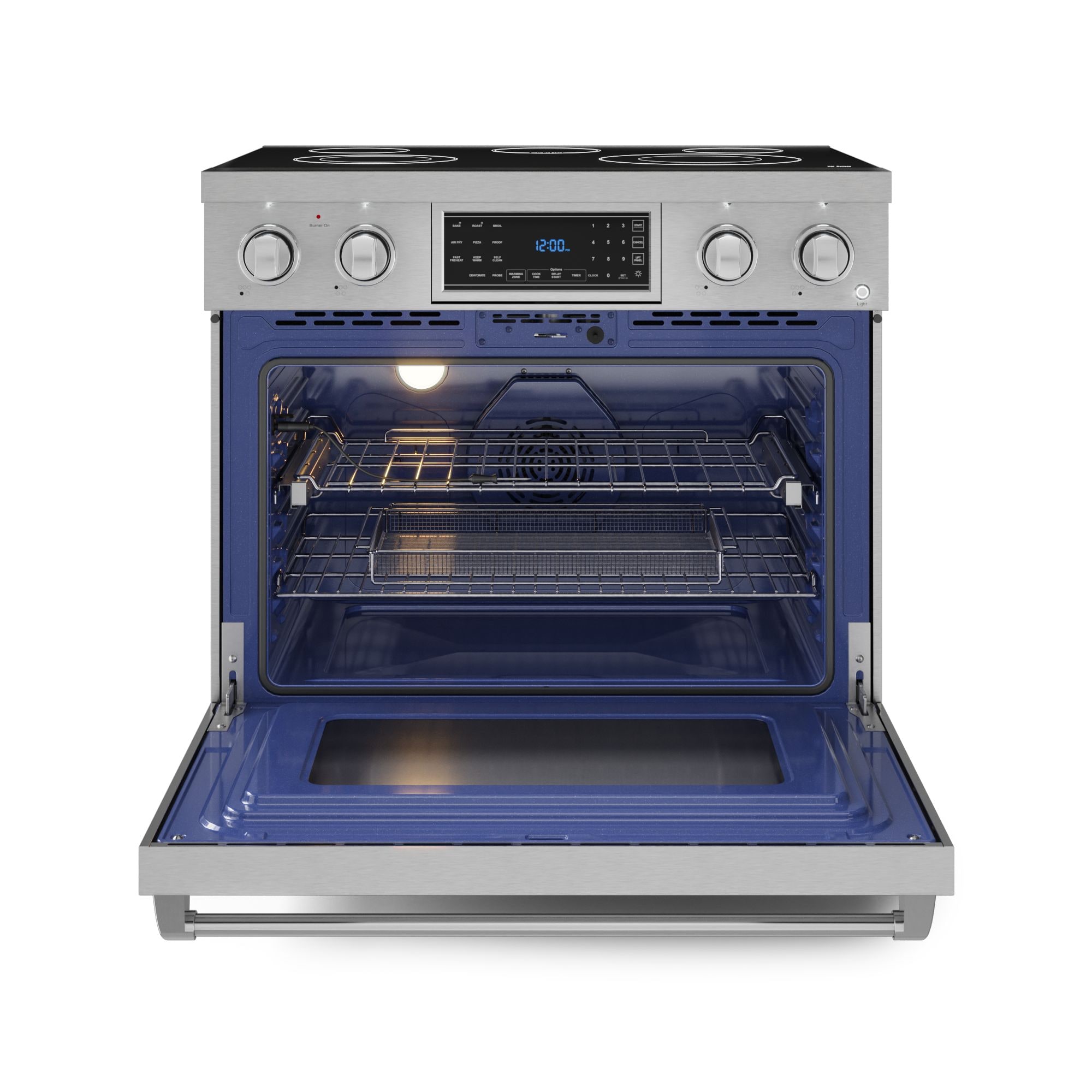 Estufa eléctrica independiente con horno de convección de freír al aire de 6 pies cúbicos, con 5 quemadores y tapa de cristal de 36 pulgadas - Acero inoxidable