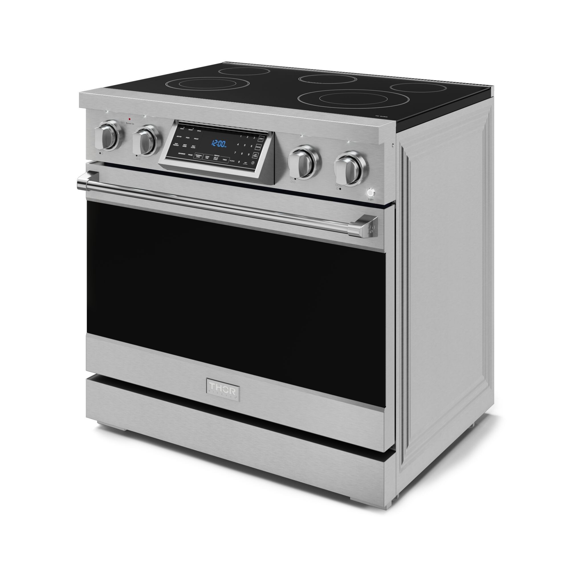 Estufa eléctrica independiente con horno de convección de freír al aire de 6 pies cúbicos, con 5 quemadores y tapa de cristal de 36 pulgadas - Acero inoxidable