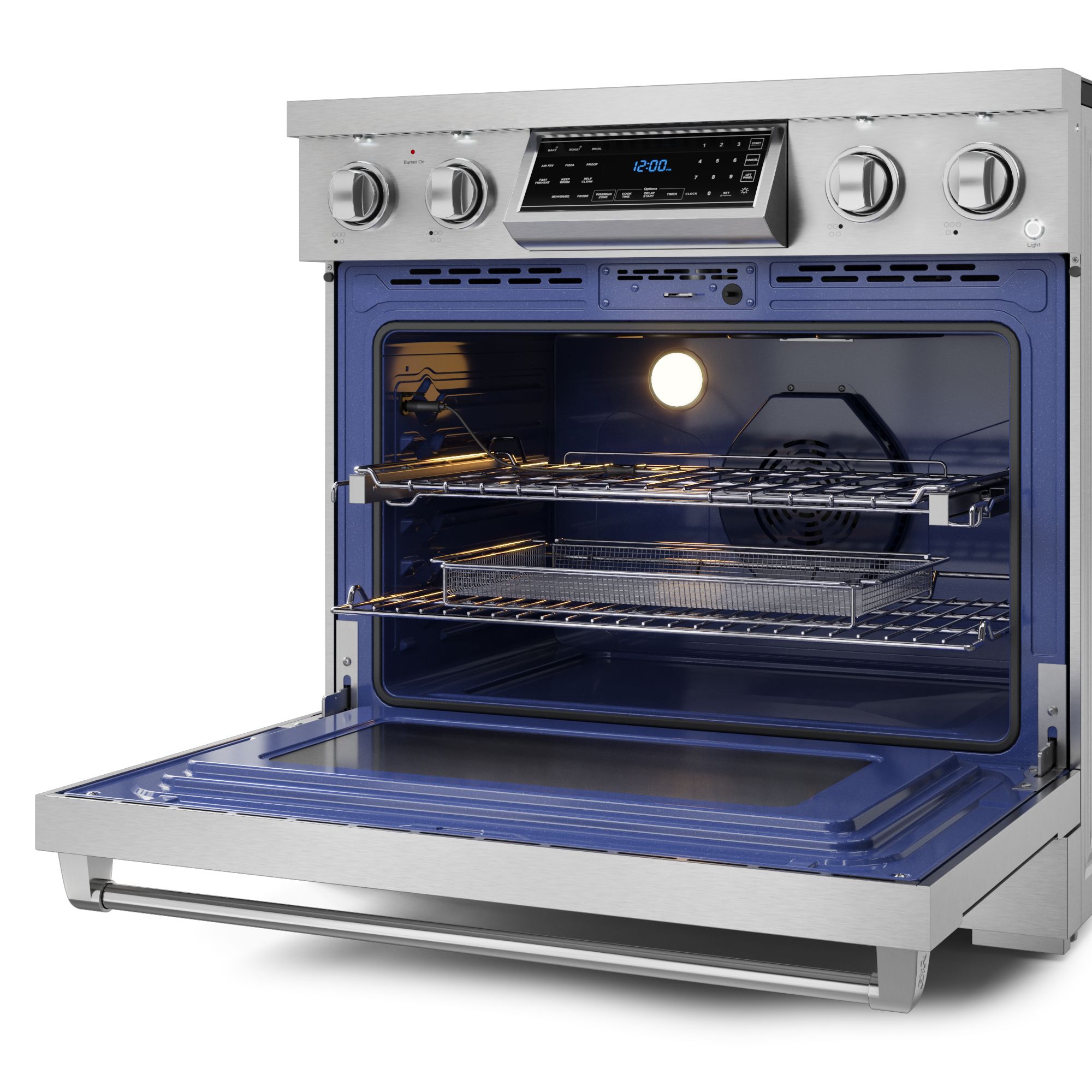 Estufa eléctrica independiente con horno de convección de freír al aire de 6 pies cúbicos, con 5 quemadores y tapa de cristal de 36 pulgadas - Acero inoxidable