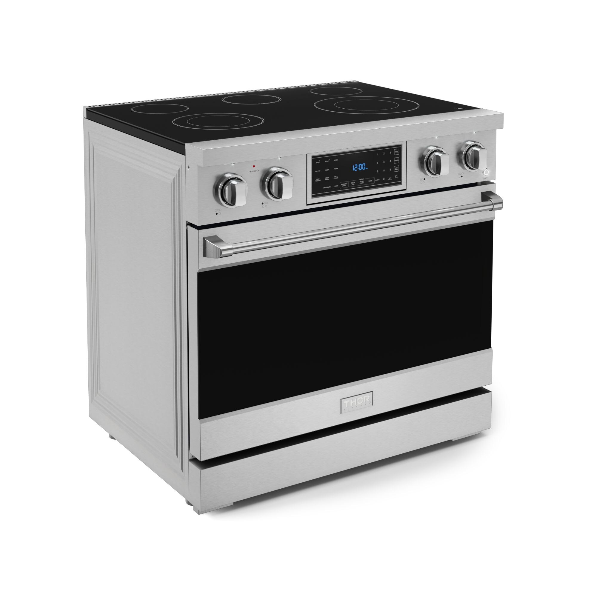 Estufa eléctrica independiente con horno de convección de freír al aire de 6 pies cúbicos, con 5 quemadores y tapa de cristal de 36 pulgadas - Acero inoxidable