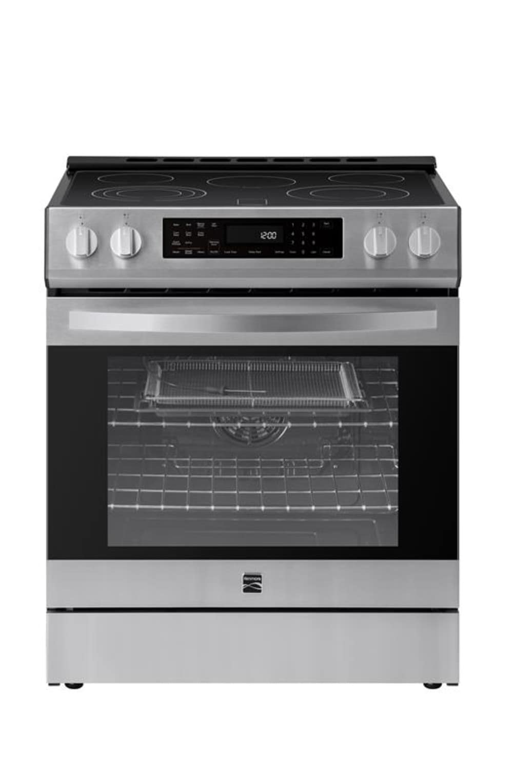 Estufa eléctrica independiente Kenmore de vidrio de 30 pulgadas con 5 quemadores, horno de convección con aire caliente de 5.6 pies cúbicos y recubrimiento WipeClean (acero inoxidable) 2296843