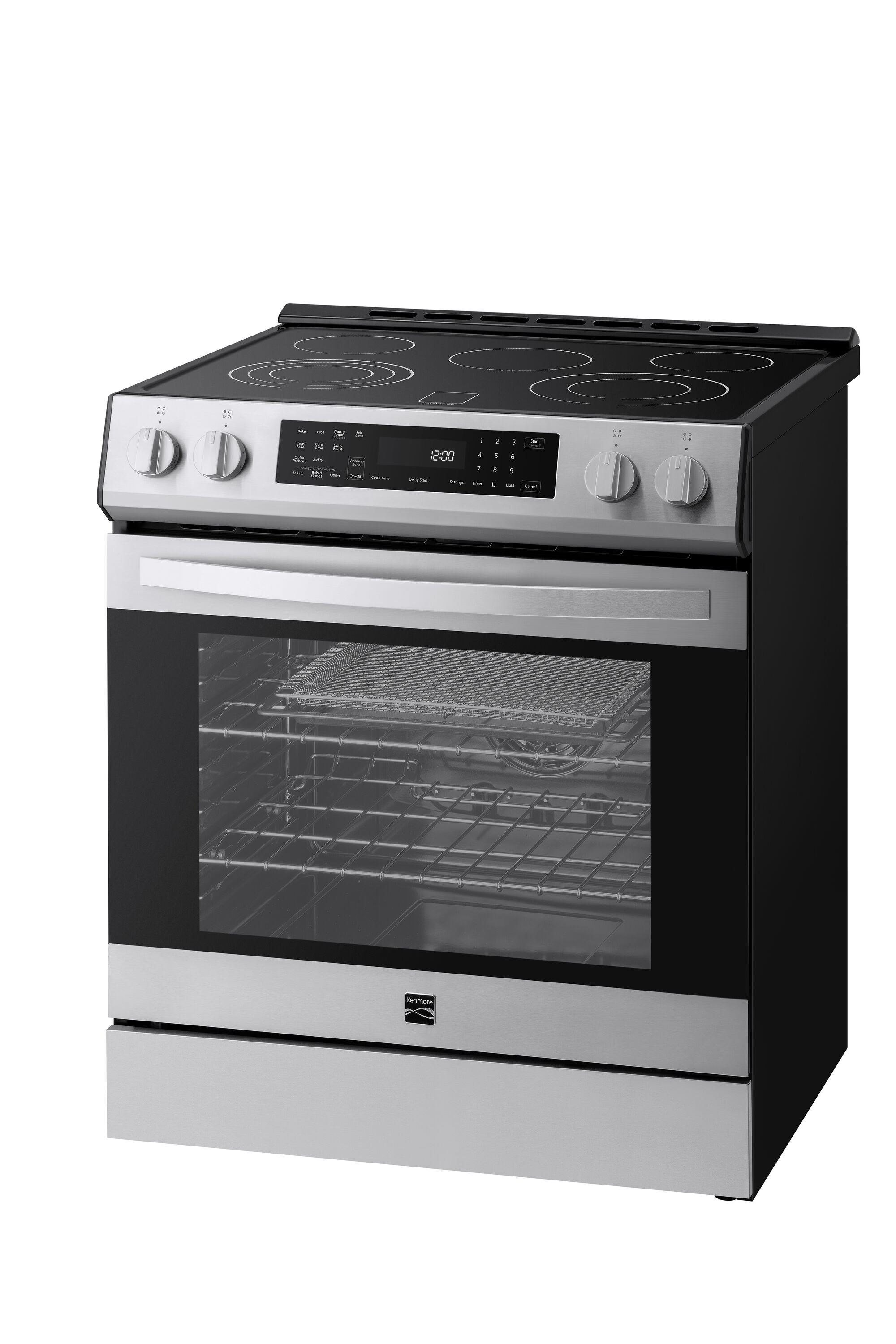 Estufa eléctrica independiente Kenmore de vidrio de 30 pulgadas con 5 quemadores, horno de convección con aire caliente de 5.6 pies cúbicos y recubrimiento WipeClean (acero inoxidable) 2296843