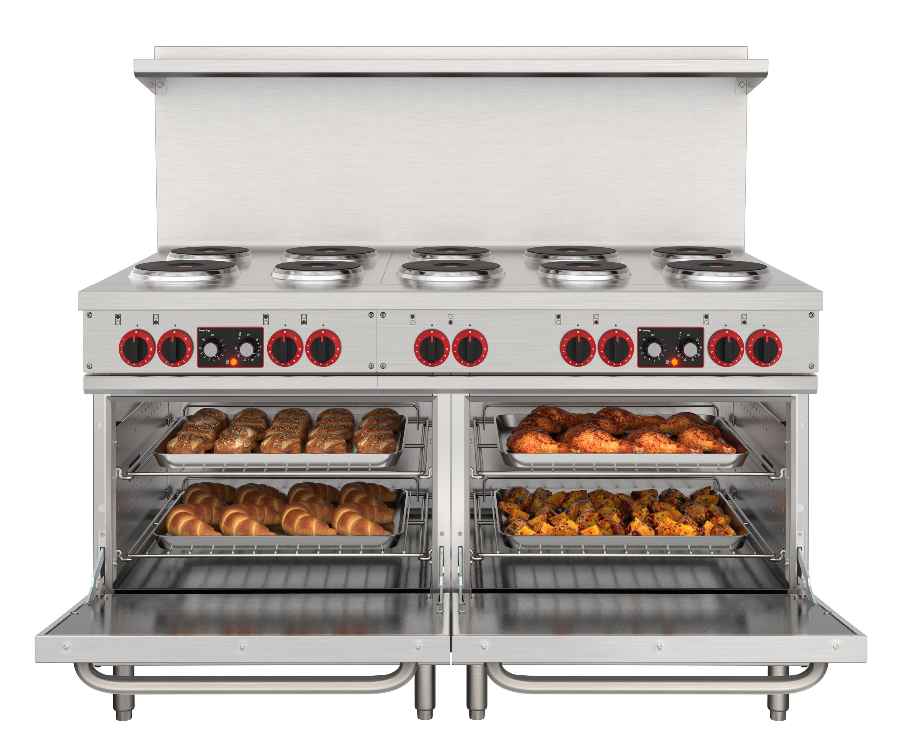 Estufa Eléctrica de Doble Horno de Pie con 10 Quemadores y Superficie de Bobina de 60 pulgadas y 5.55 pies cúbicos (Acero Inoxidable)