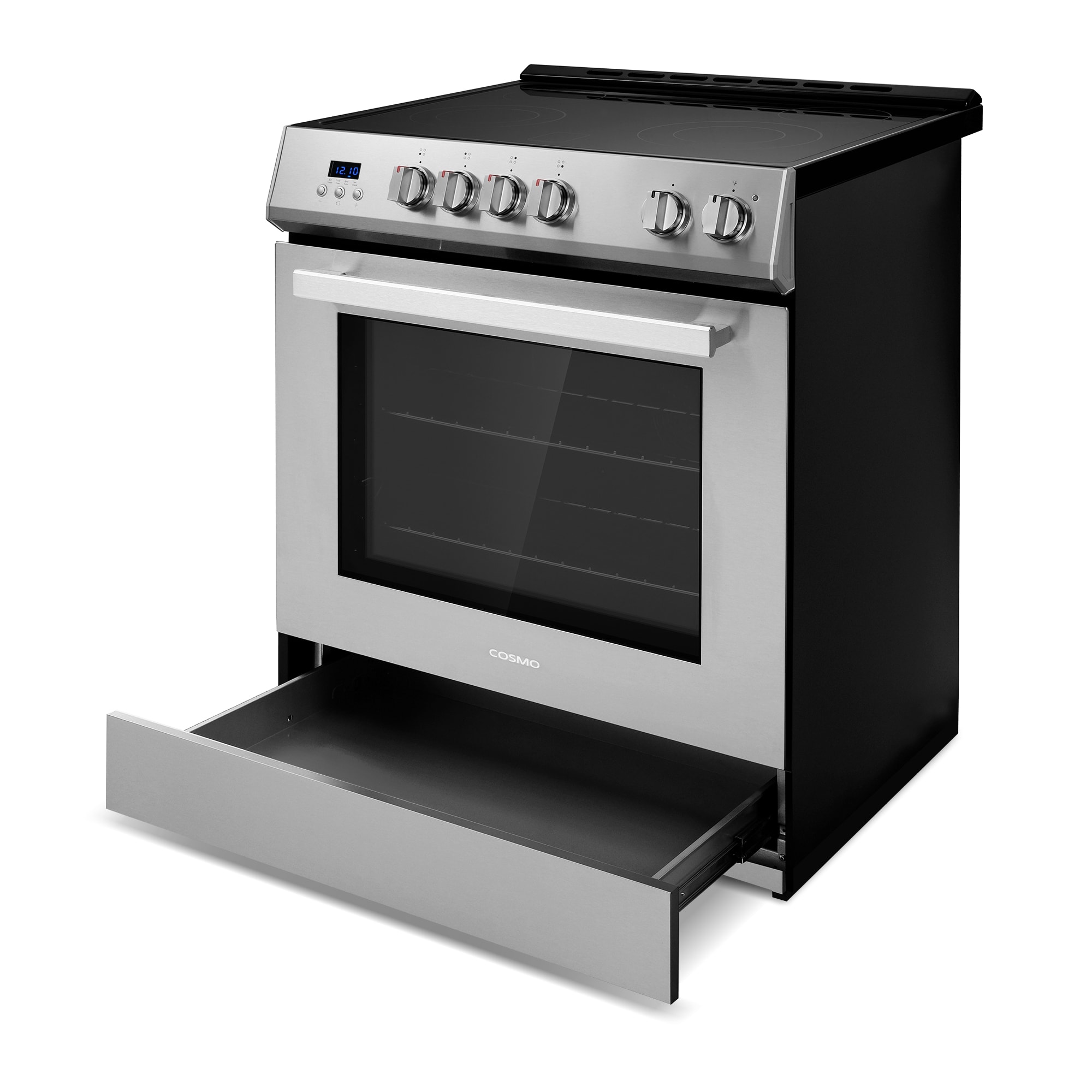 Estufa eléctrica deslizable con horno de convección de 5 pies cúbicos, 4 quemadores y cubierta de vidrio de 30 pulgadas (acero inoxidable)