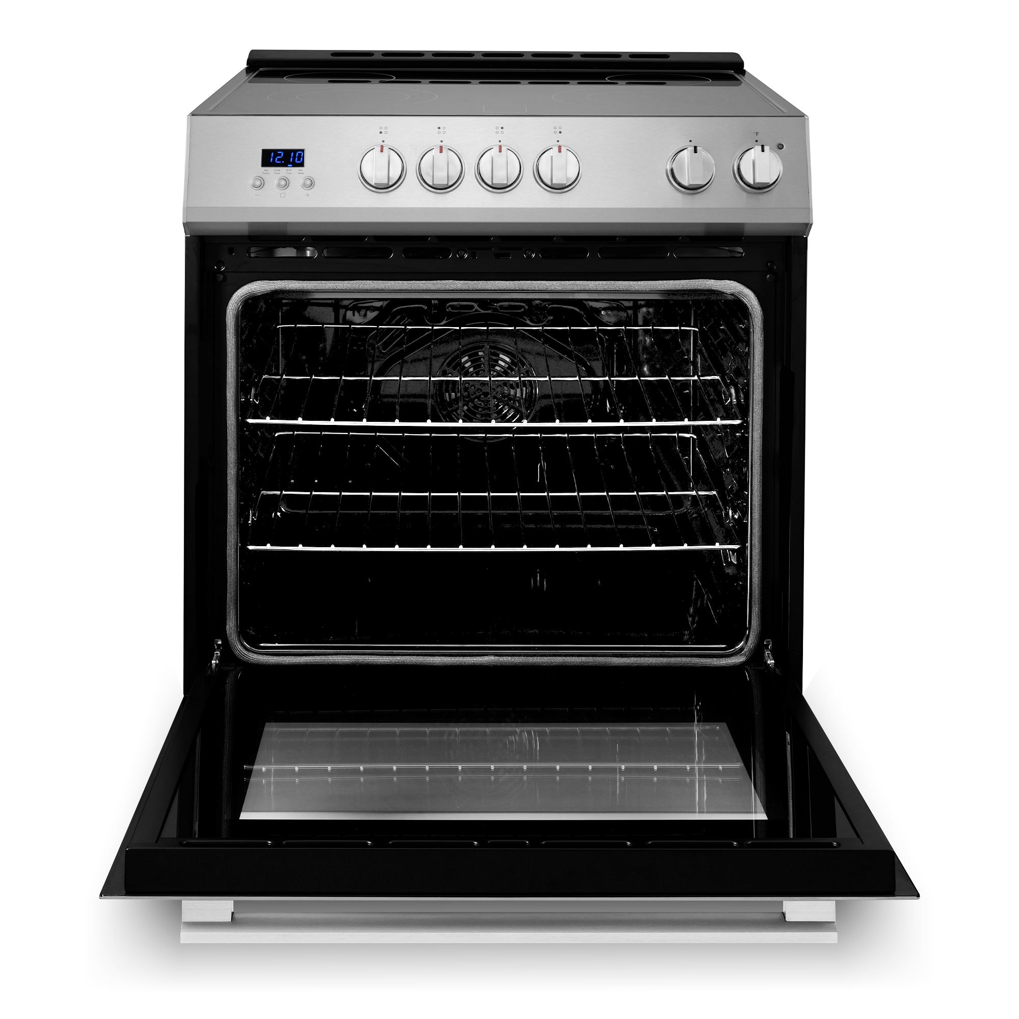 Estufa eléctrica deslizable con horno de convección de 5 pies cúbicos, 4 quemadores y cubierta de vidrio de 30 pulgadas (acero inoxidable)